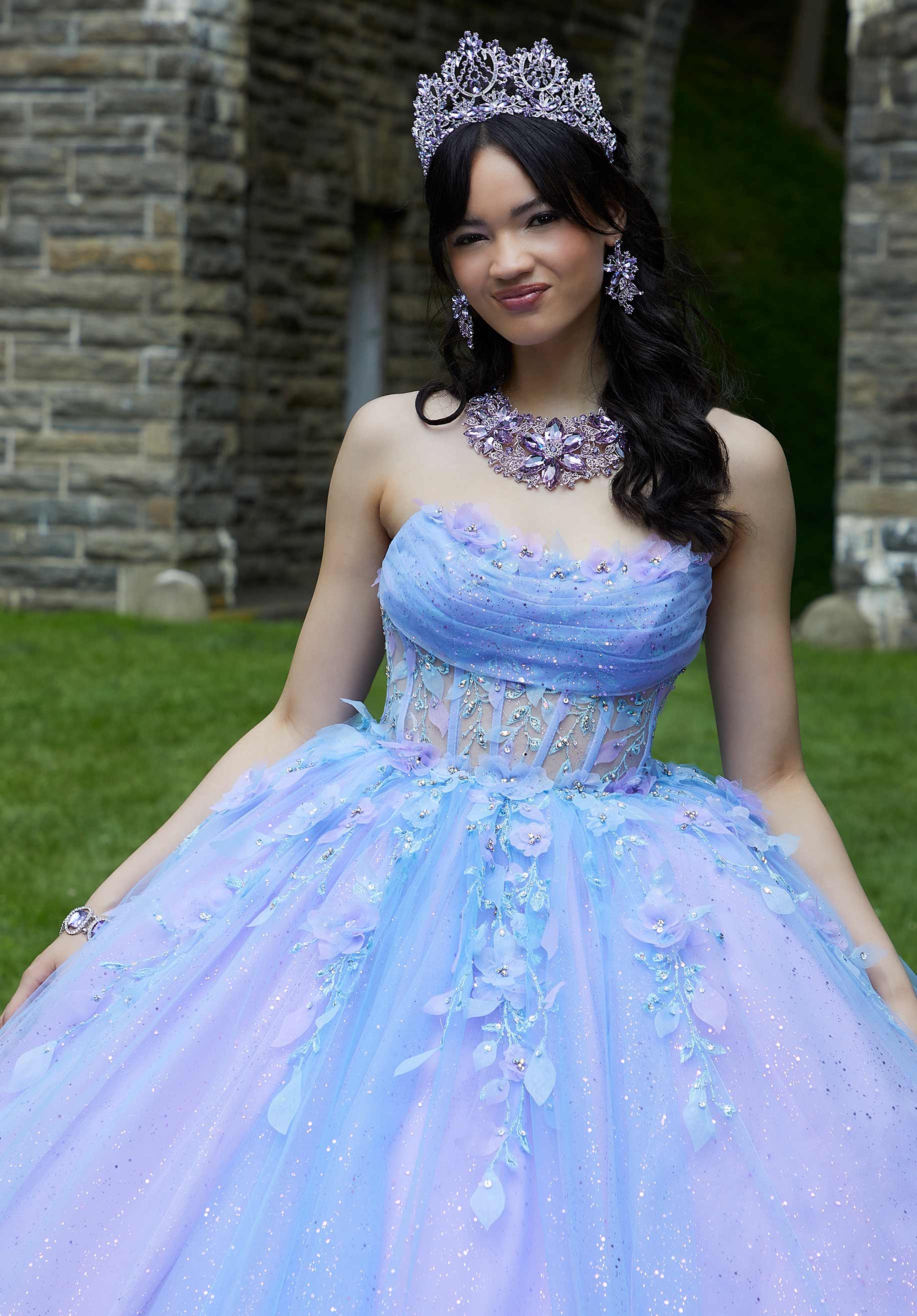 Sheer Bodice Quinceañera Dress with Three-Dimensional Floral Embroidery