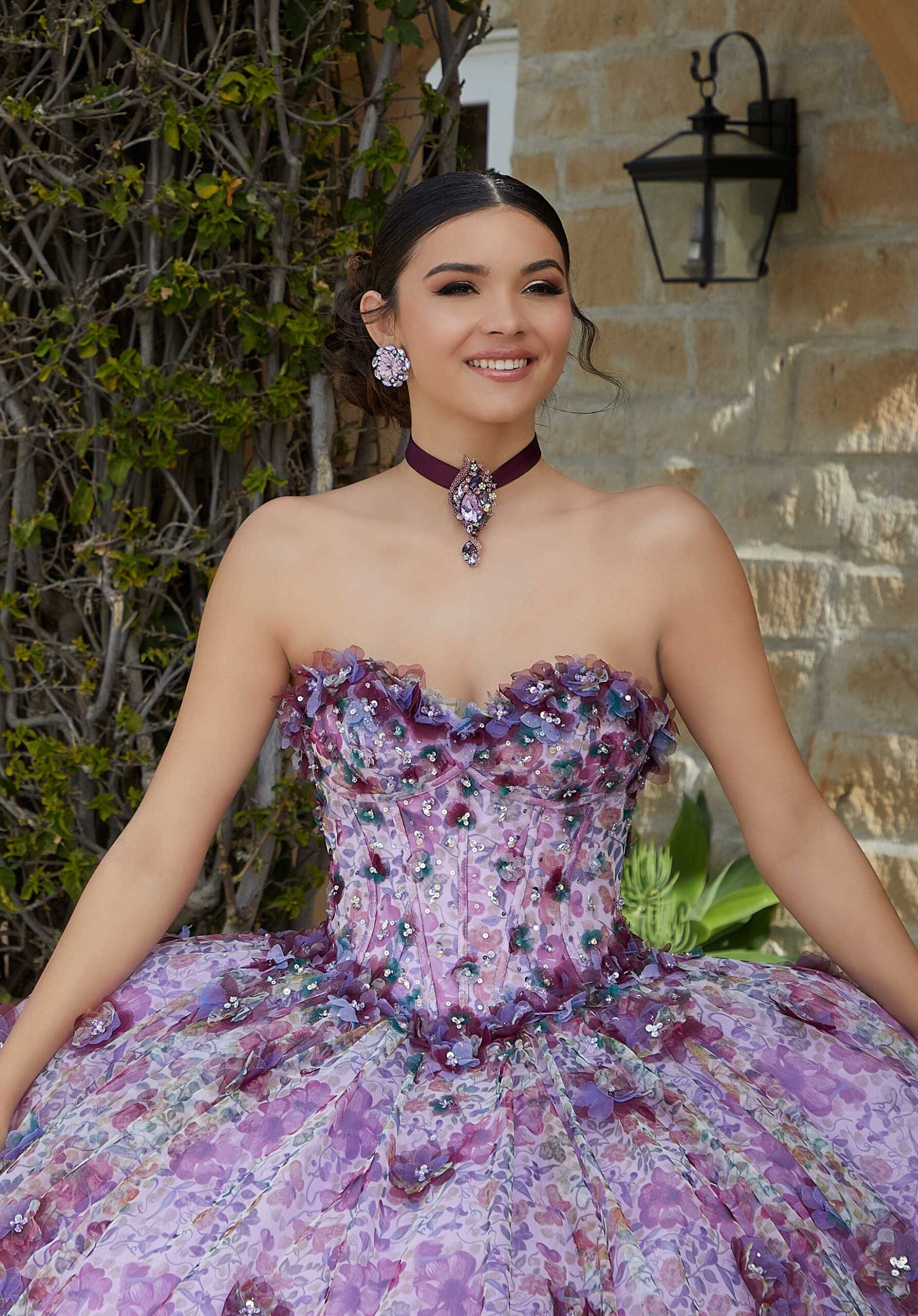 Floral Printed Quinceañra Dress with Three-Dimensional Appliqués