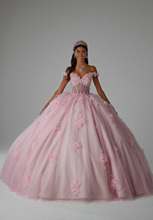 Crystal Beaded Three-Dimensional Embroidered Quinceañera Dress with Sheer Bodice