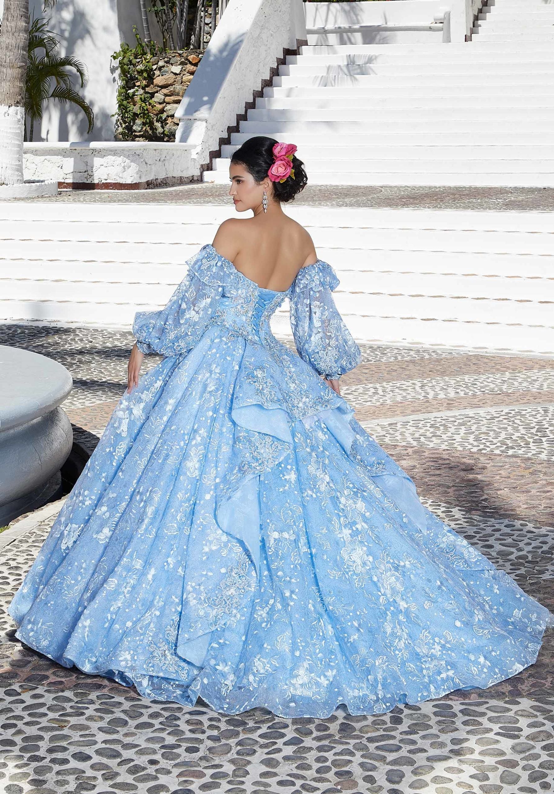 Allover Sequin Embroidered Quinceañera Dress with Three-Dimensional Floral Embroidery