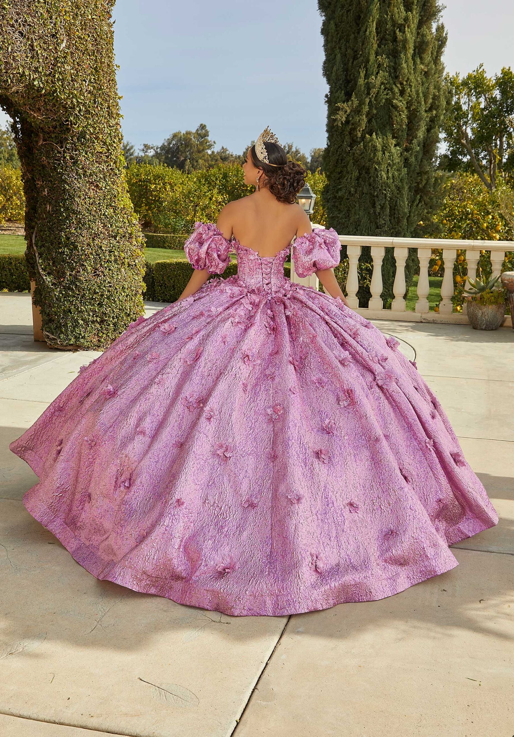 Crystal Beaded Metallic Brocade Quinceañera Dress