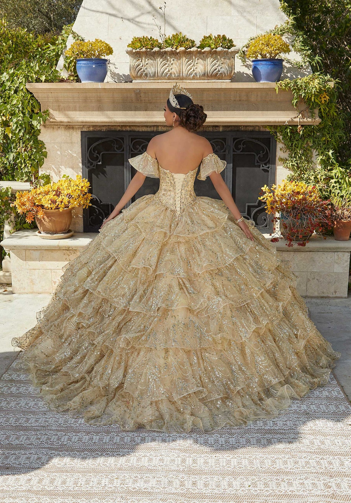 Jeweled and Embroidered Tiered Quinceañera Dress