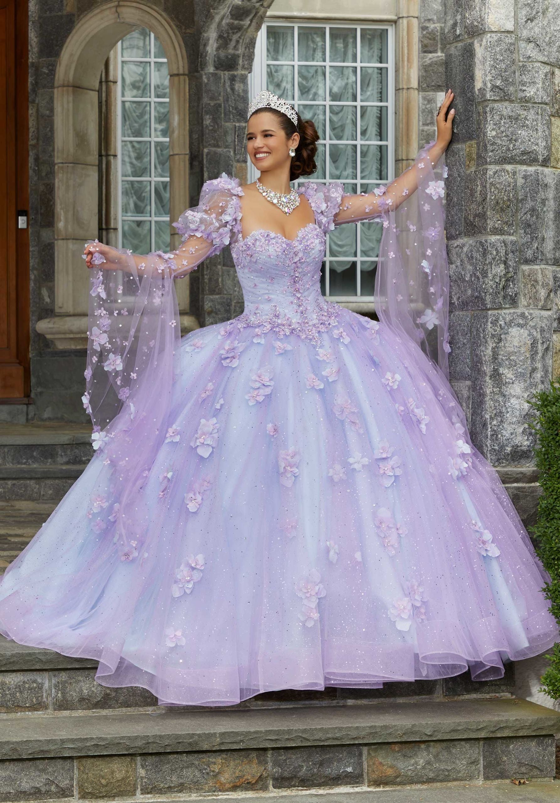 Glitter Tulle Quinceañera Dress with Three-Dimensional Floral Appliqués