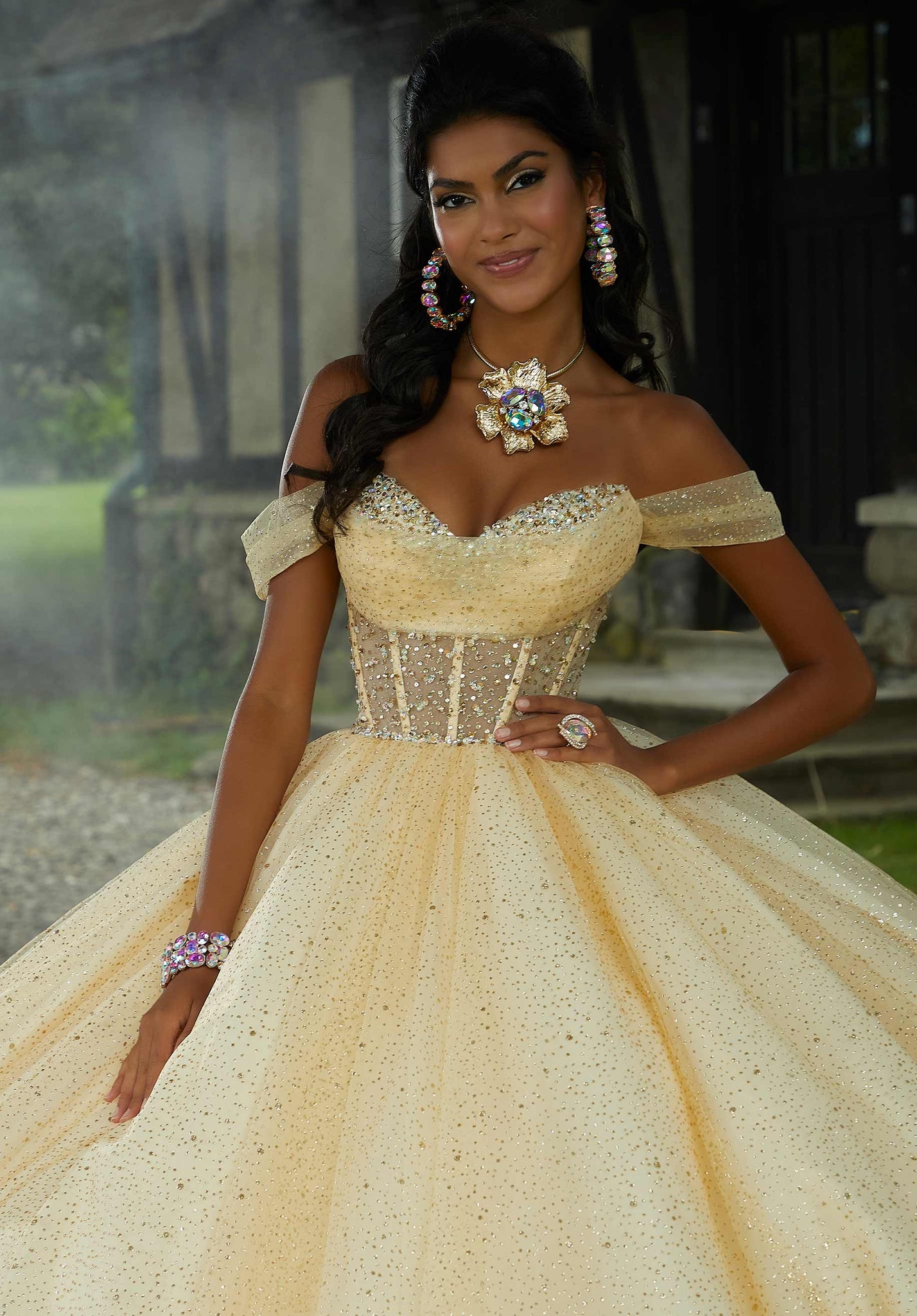 Sheer Corset Quinceañera Dress with Jeweled Beading