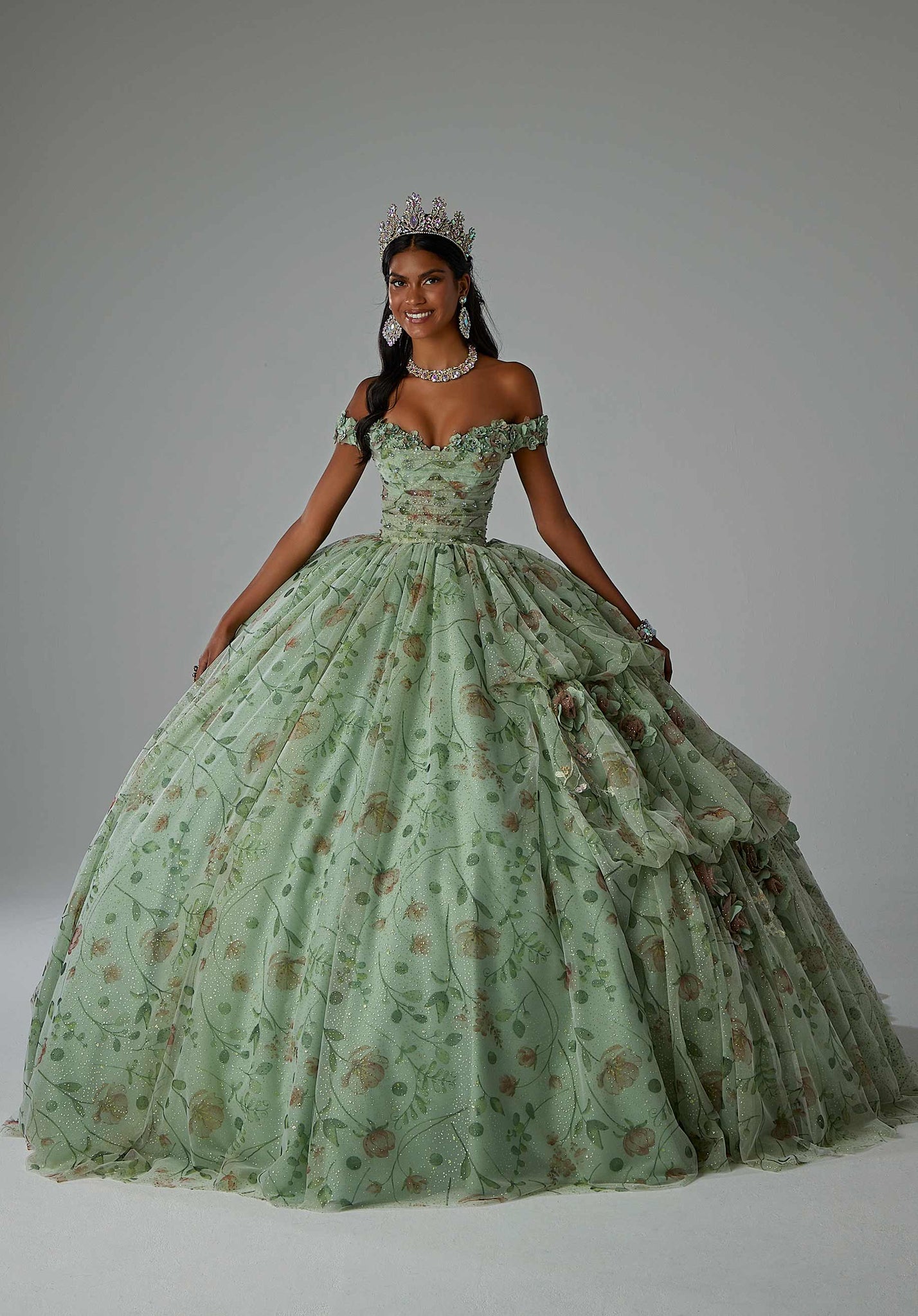 Floral Printed Quinceañera Dress with Three-Dimensional Flowers