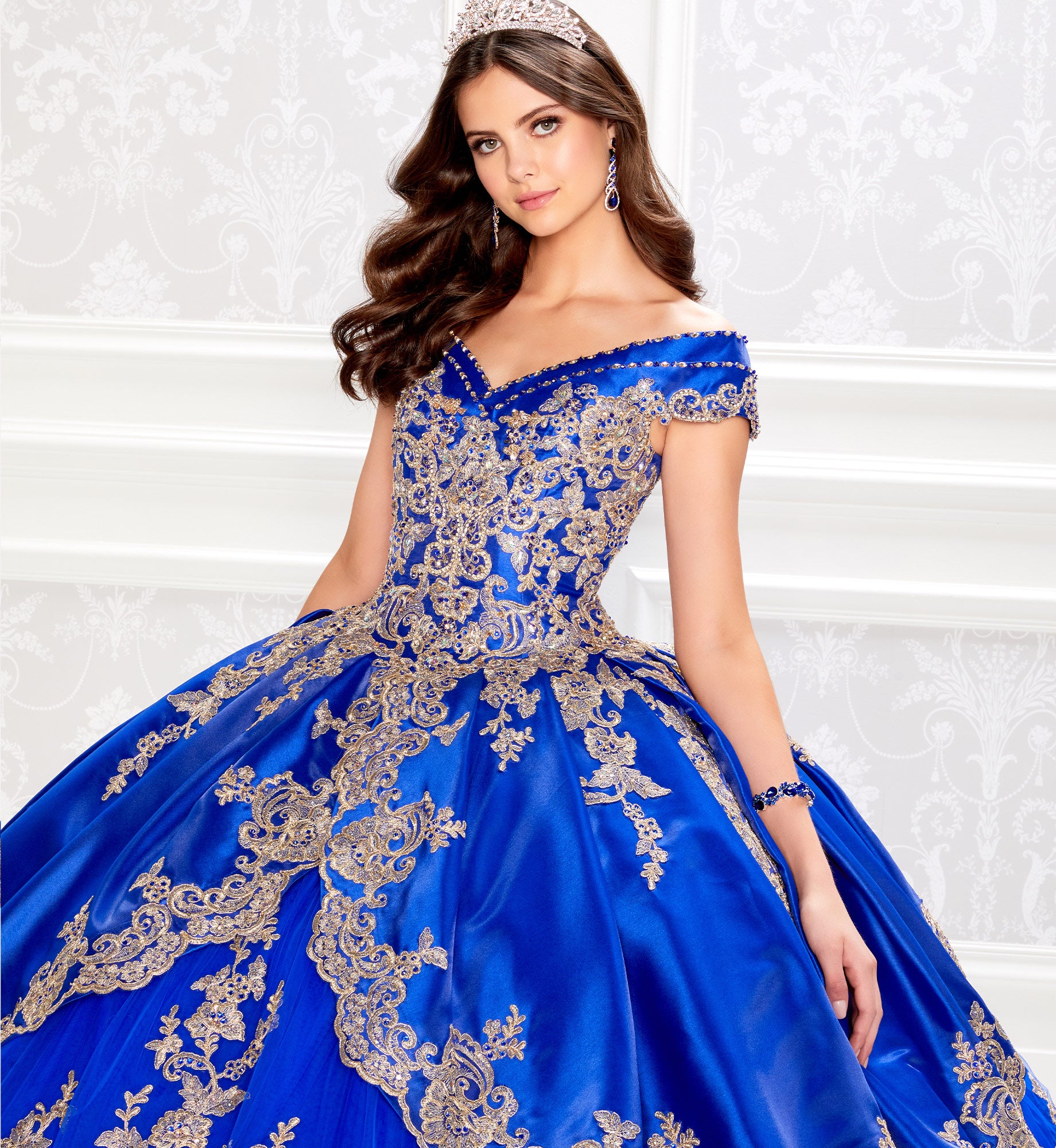 Traditional satin quinceanera dress with off the shoulder neckline