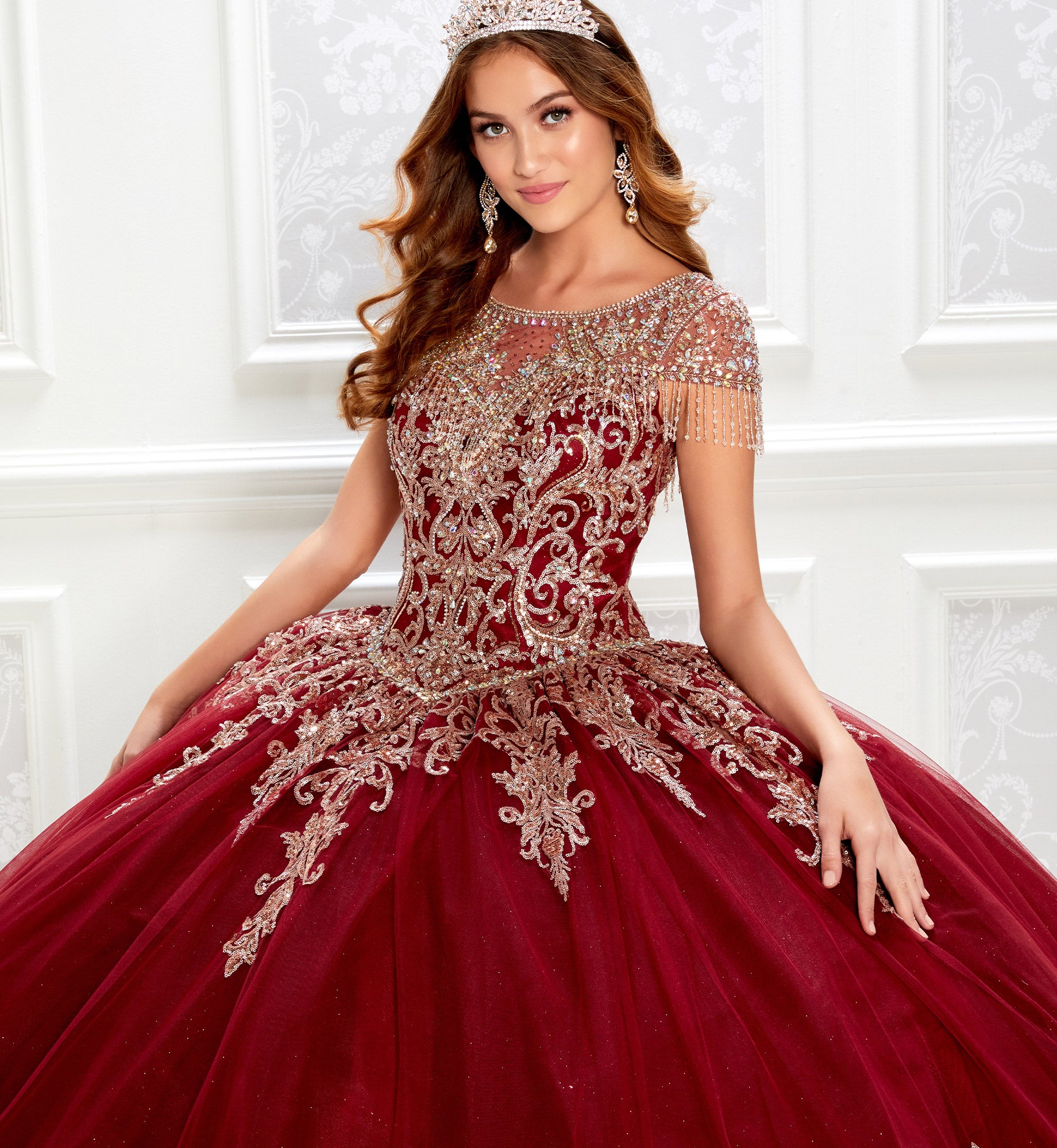 Beautiful quinceanera dress with jewel neckline and beaded fringe