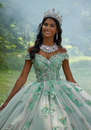 Rhinestone and Three-dimensional Floral Embroidered Quinceañera Dress