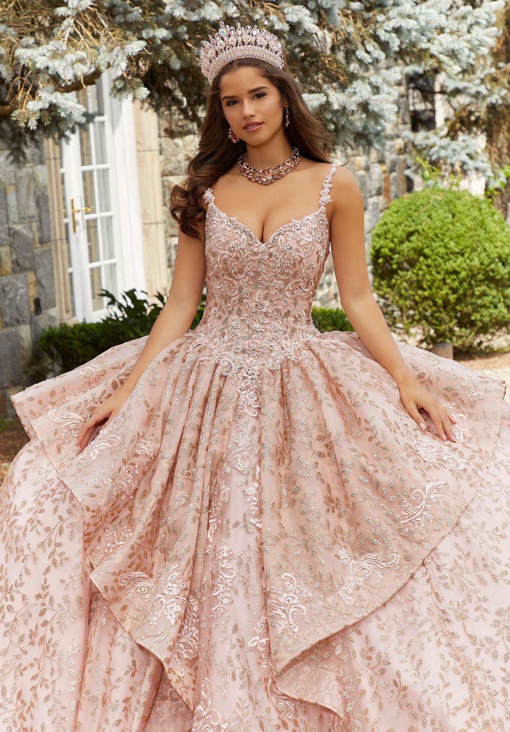 Rhinestone and Crystal Beaded Patterned Glitter Quinceañera Dress