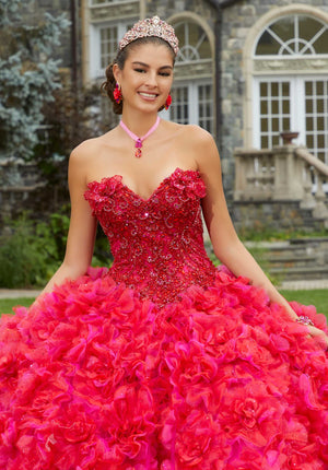 Three-Dimensional Floral Lace Quinceañera Dress with Floral Skirt