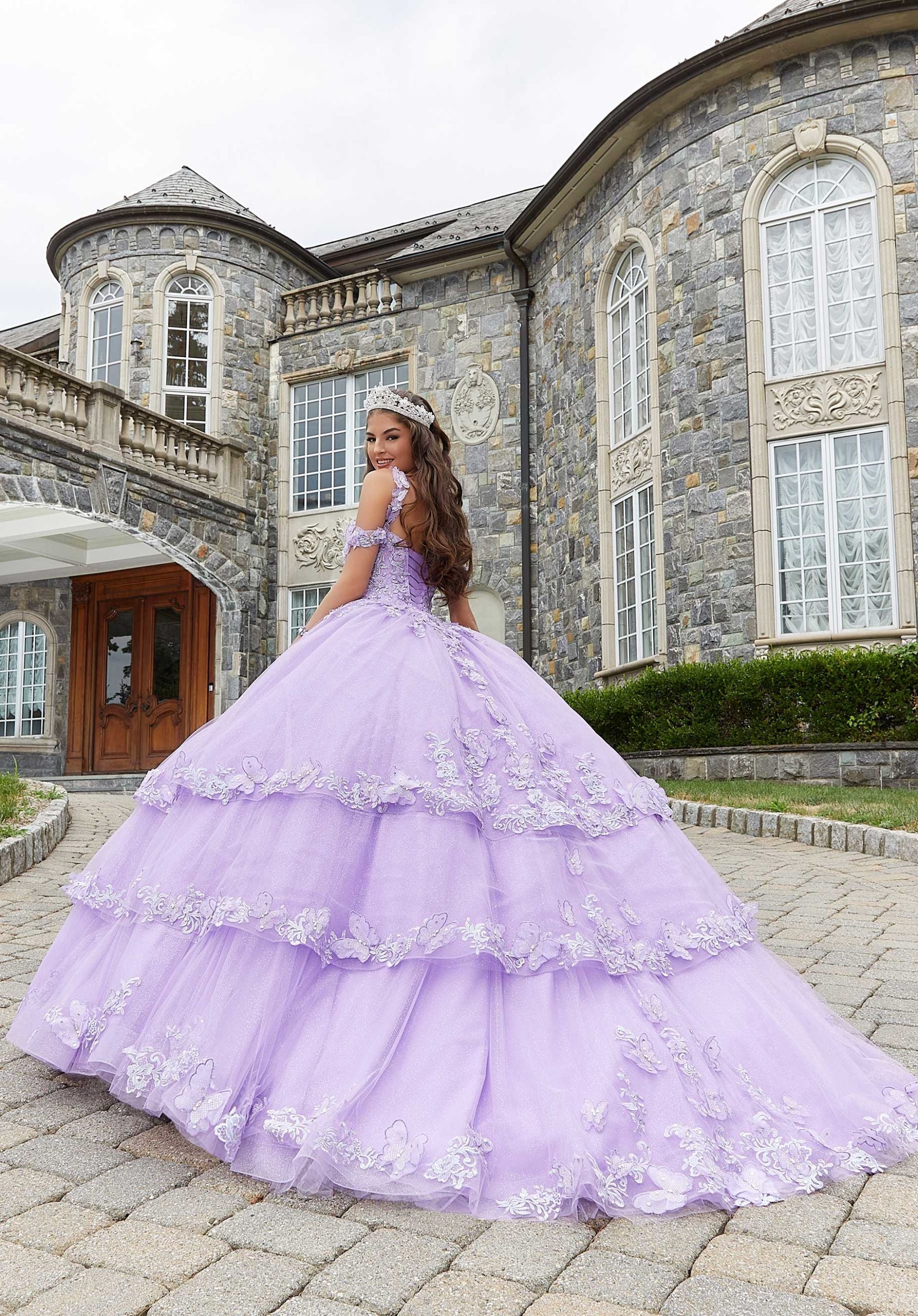 Metallic Embroidered Quinceañera Dress with Three-Dimensional Butterflies