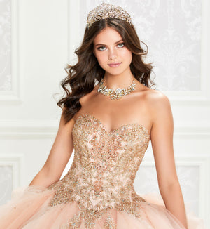 Strapless quinceaneara dress with gold lace and ruffled skirt