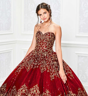 Sequin quinceanera dress with strapless sweetheart bodice