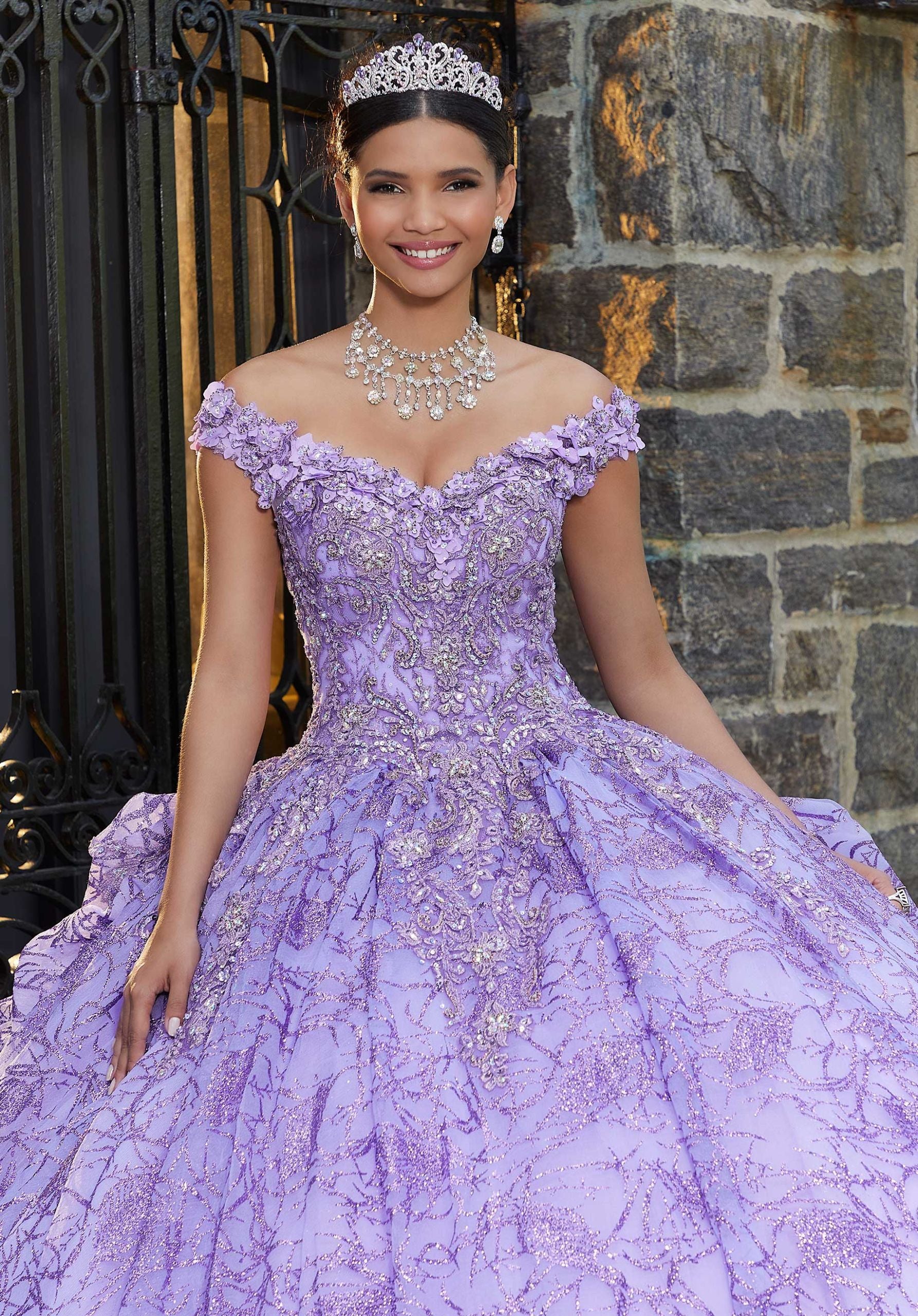 Metallic Embroidered and Glitter Pattern Quinceañera Dress