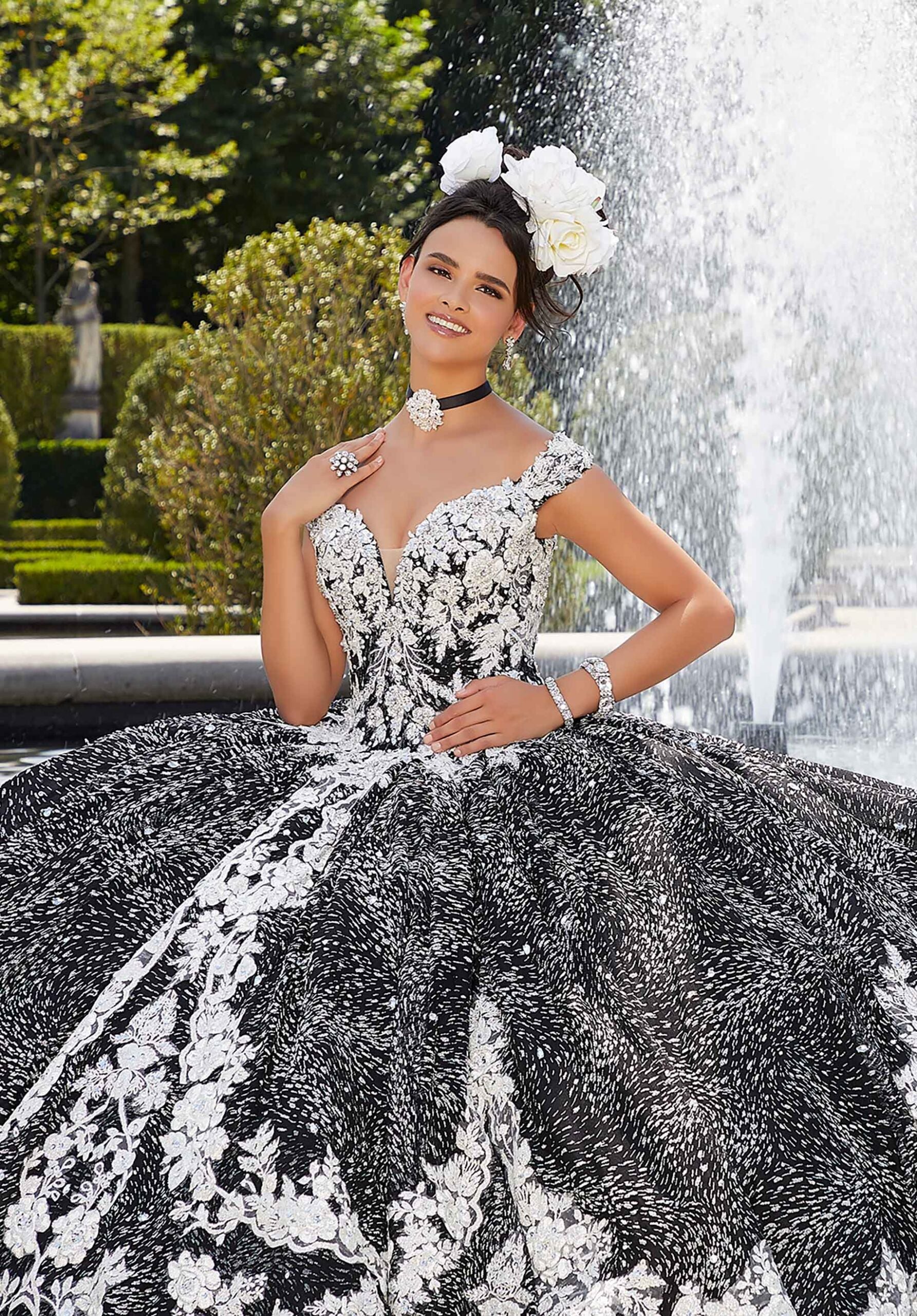 Patterned Caviar Glitter Net Quinceañera Dress