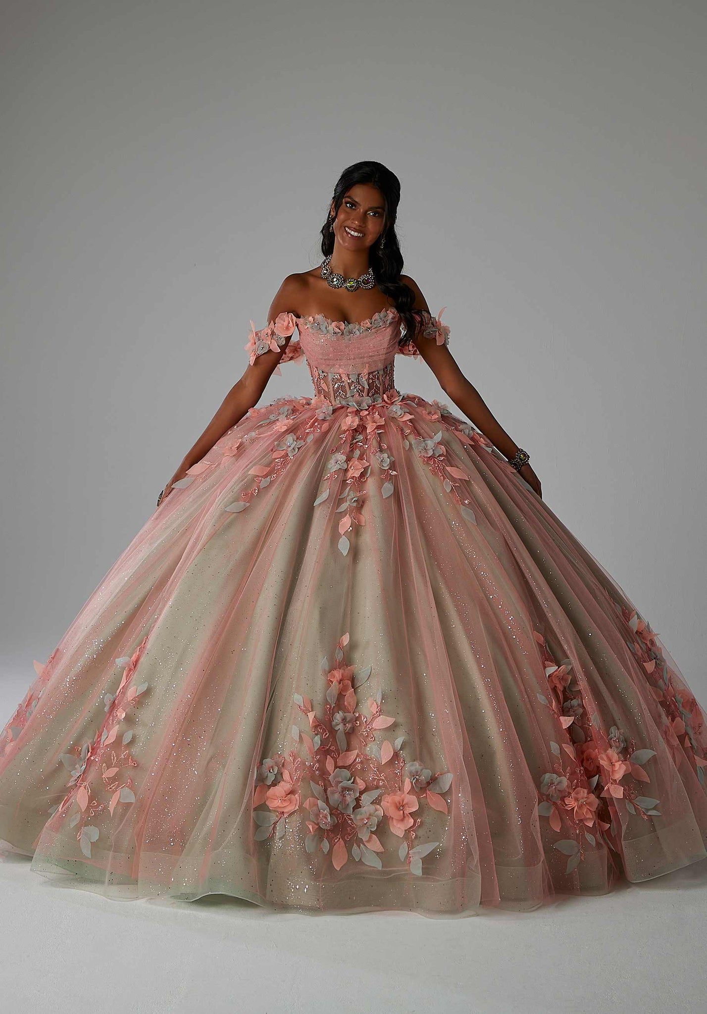 Sheer Bodice Quinceañera Dress with Three-Dimensional Floral Embroidery