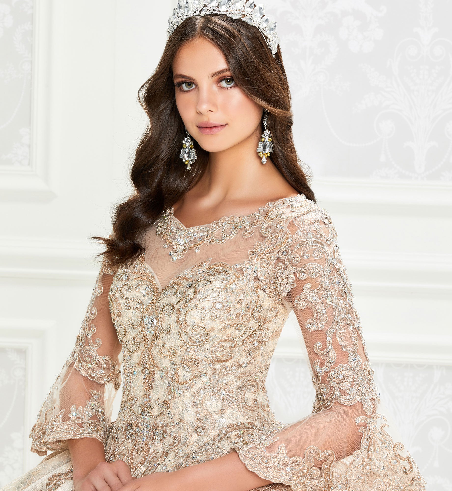 Gold quinceanera dress with 3/4-length sleeves