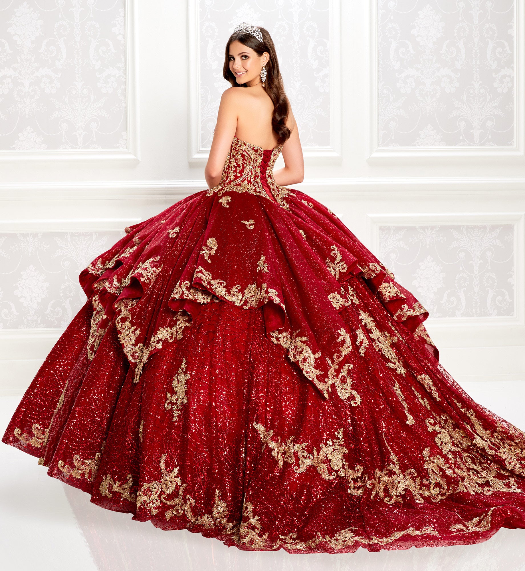 Eye-catching strapless quinceanera dress with gold embroidery