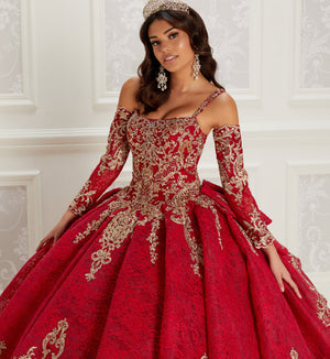Lace quinceanera dress with shimmering embroidery and detachable off-the-shoulder sleeves