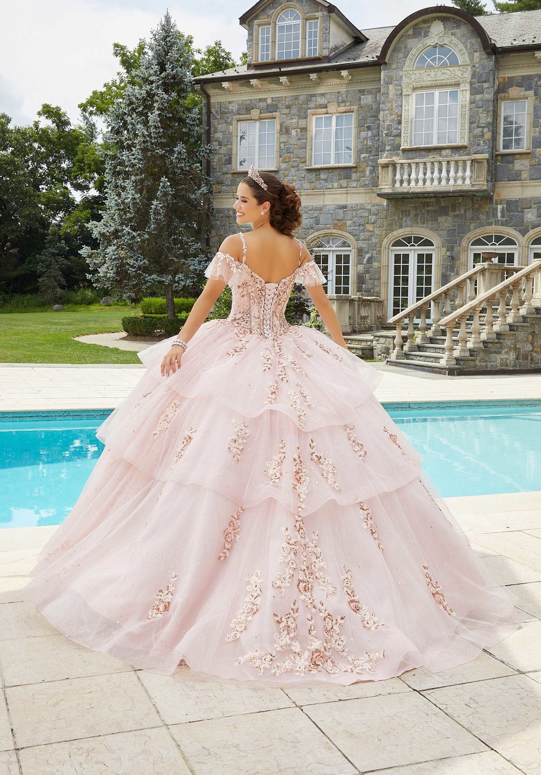 Flounced Rhinestone and Sparkle Tulle Quinceañera Dress