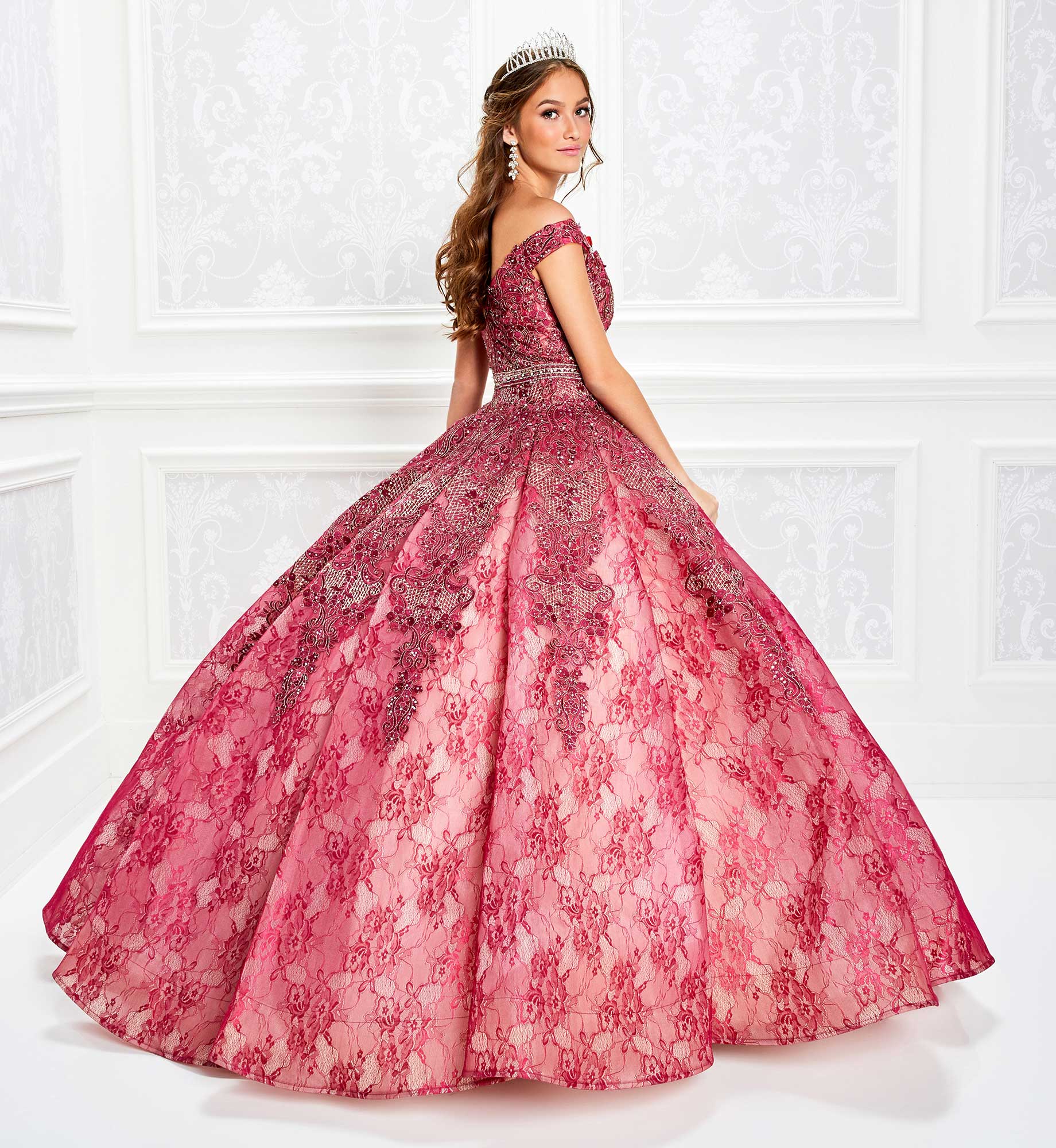 Striking quinceanera dress with off the shoulder bodice and beaded lace