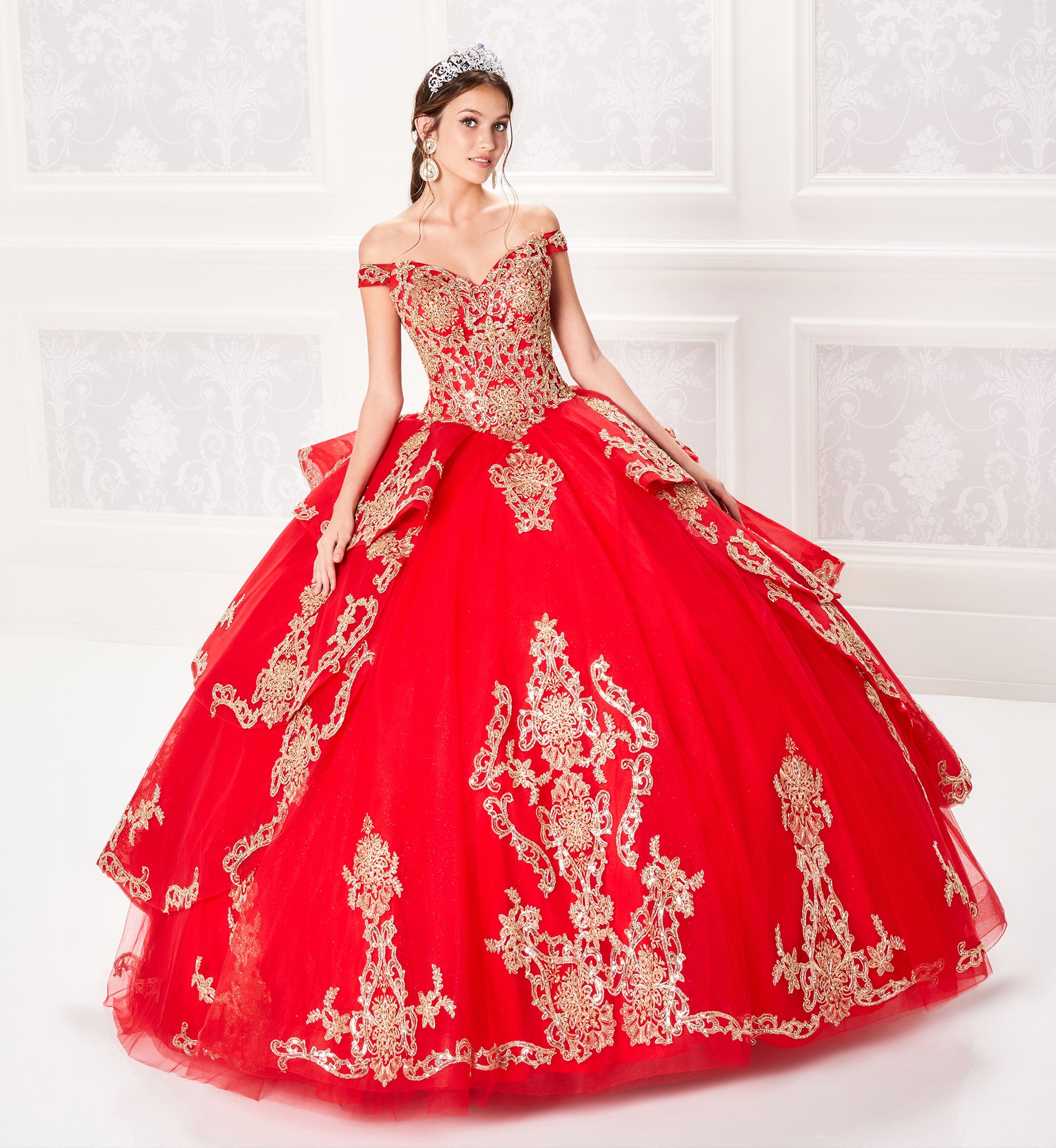Off the shoulder quinceanera dress with cascading ruffle skirt