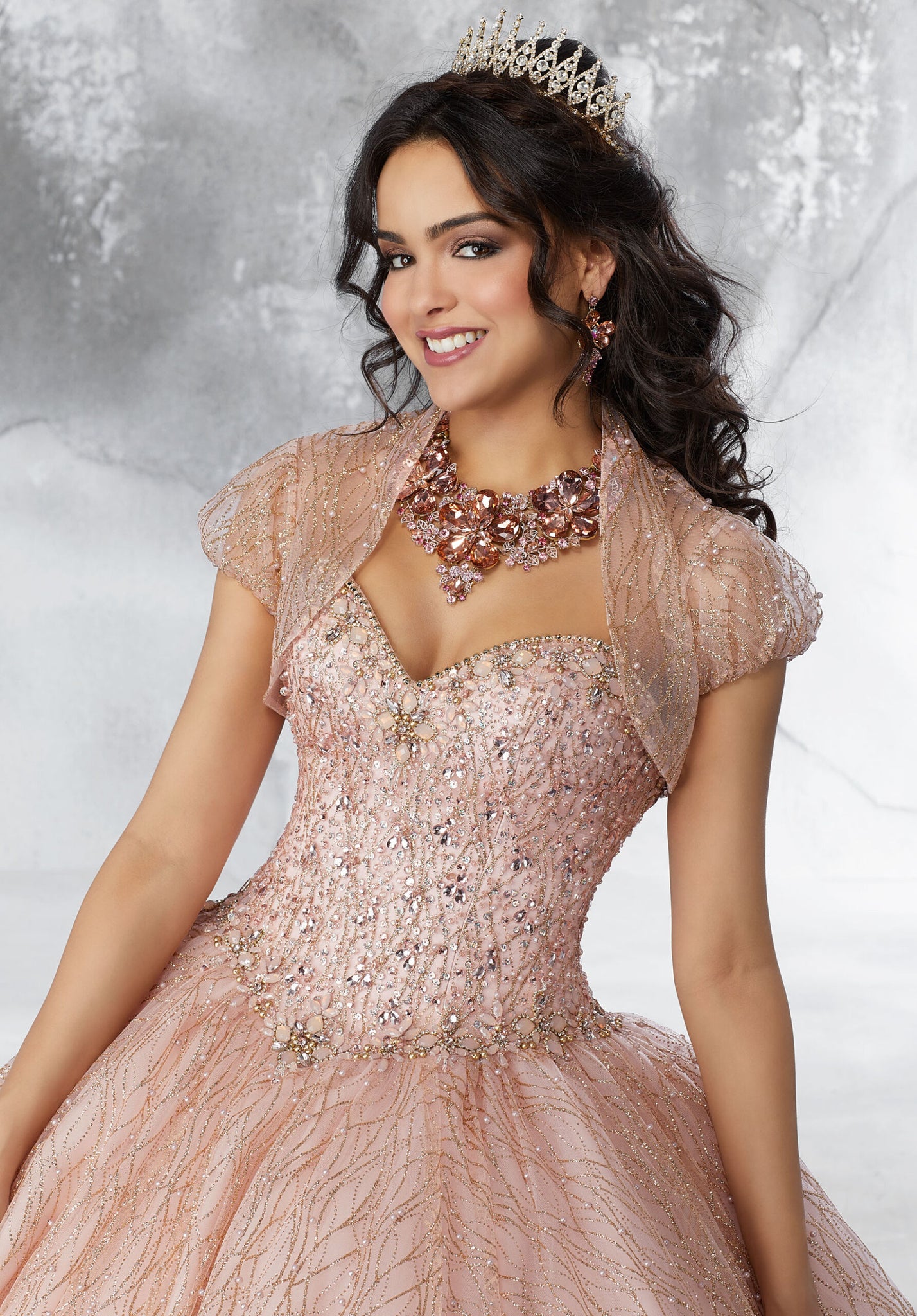 Beaded Bodice on a Patterned Glitter Mesh Ballgown with Pearl Detail