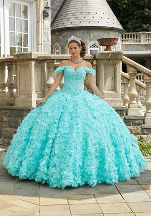 Crystal Beaded Lace Quinceañera Dress with Floral Skirt
