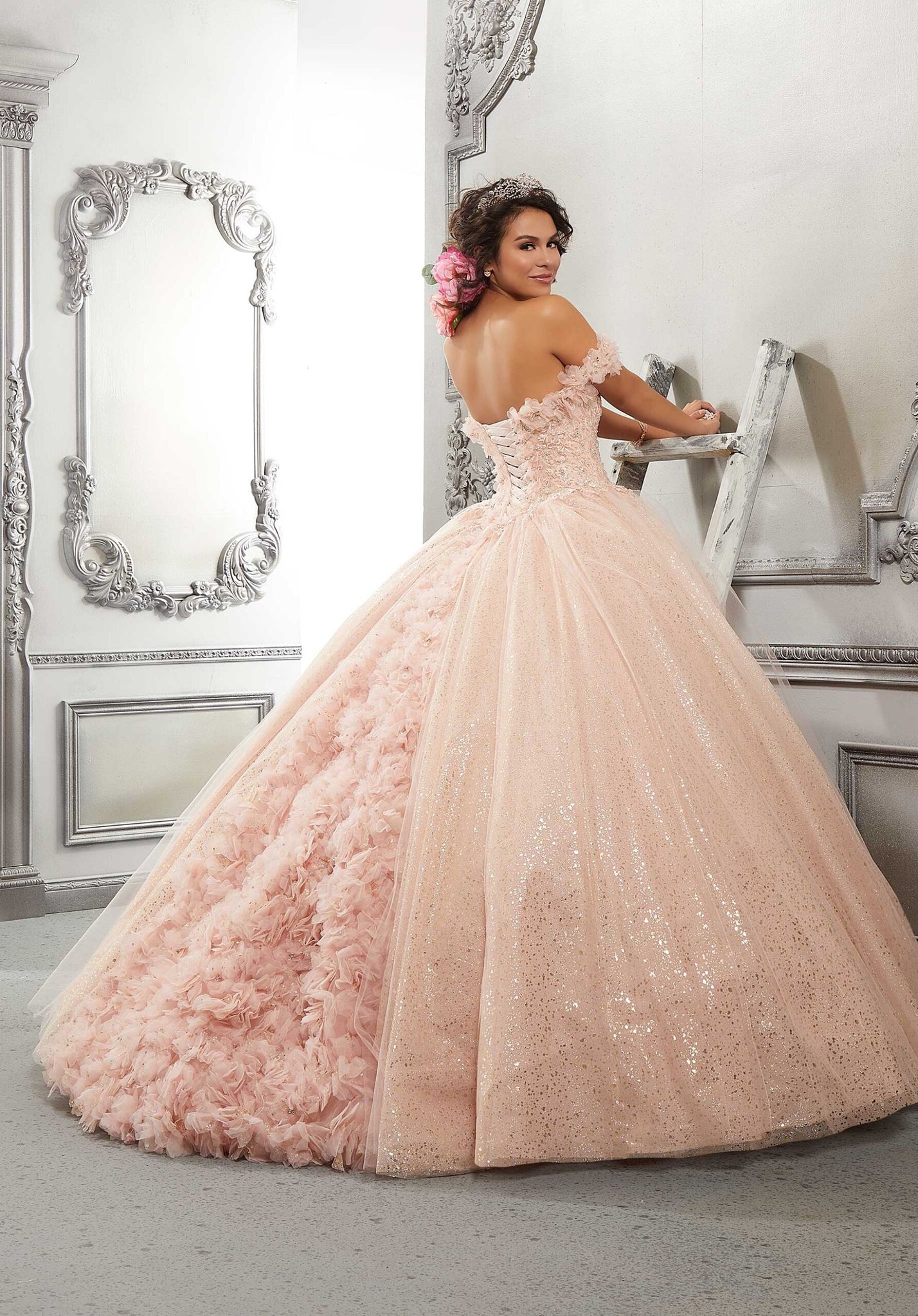 Three-Dimensional Floral Applique and Metallic Embroidered Quinceañera Dress
