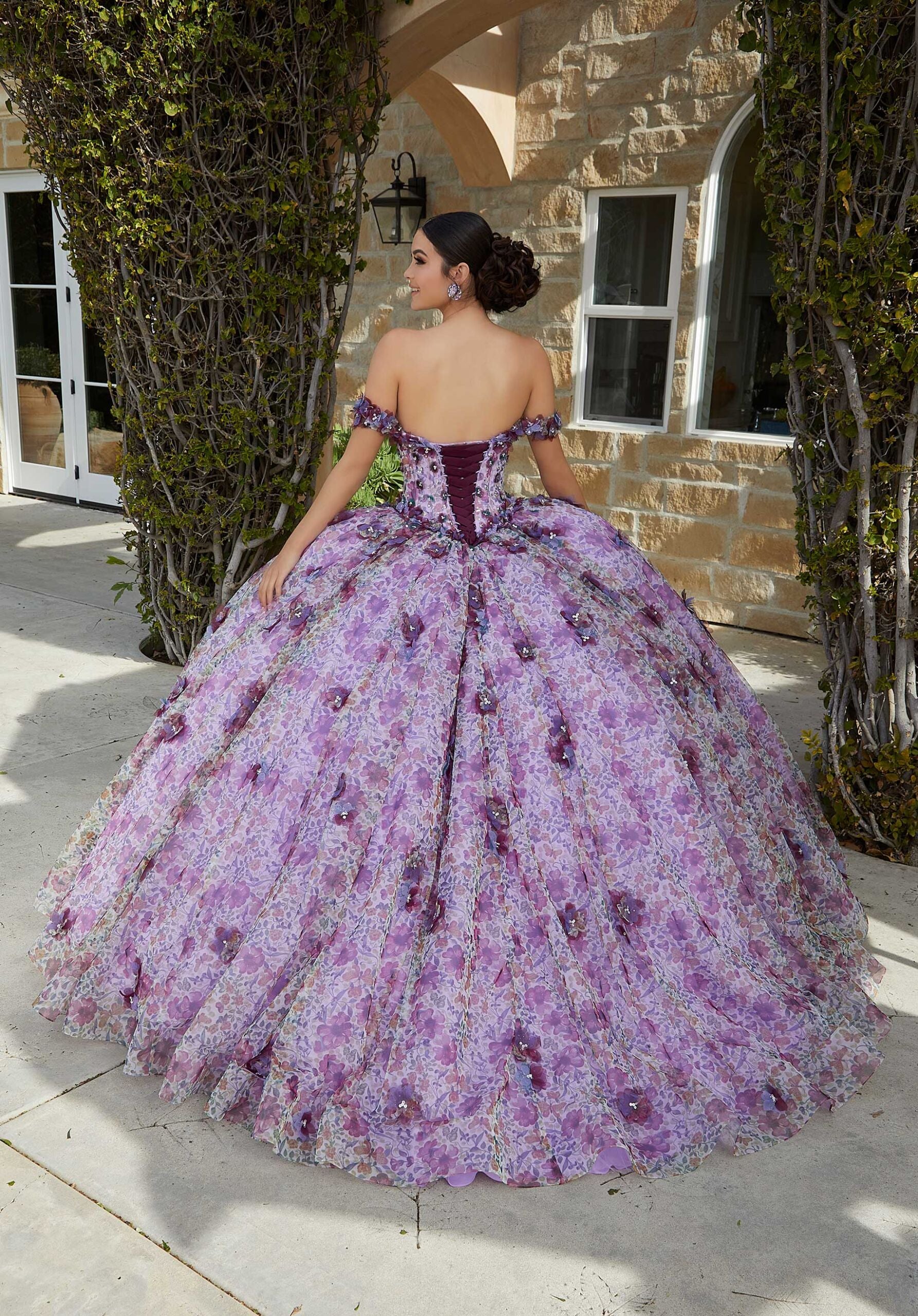 Floral Printed Quinceañra Dress with Three-Dimensional Appliqués