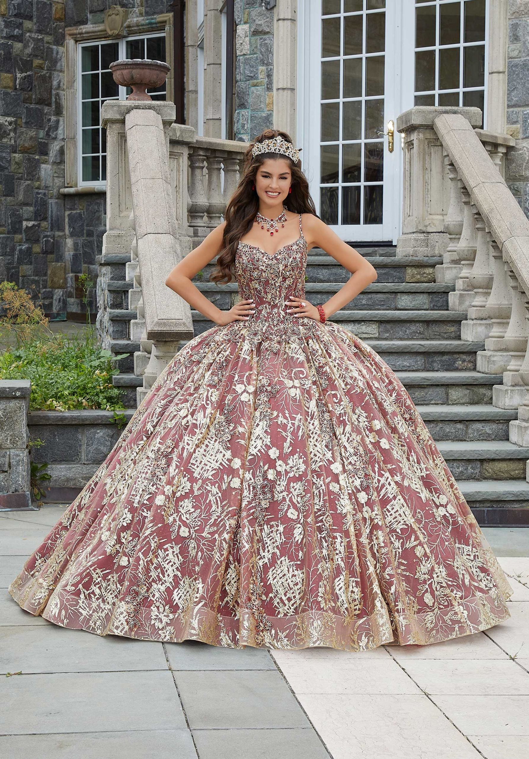 Metallic Lace and Patterned Glitter Quinceañera Dress