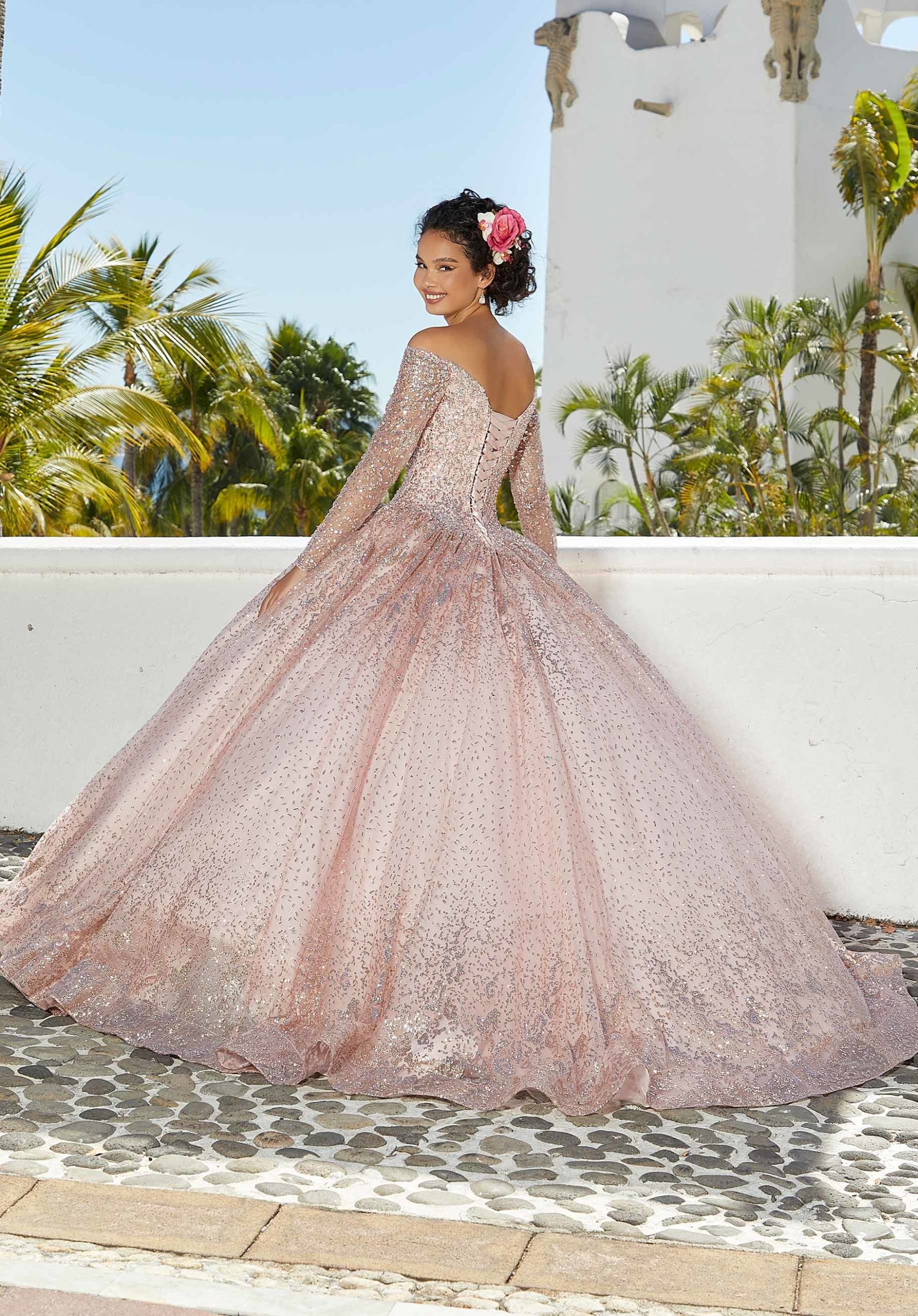 Patterned Glitter Net Quinceñera Dress