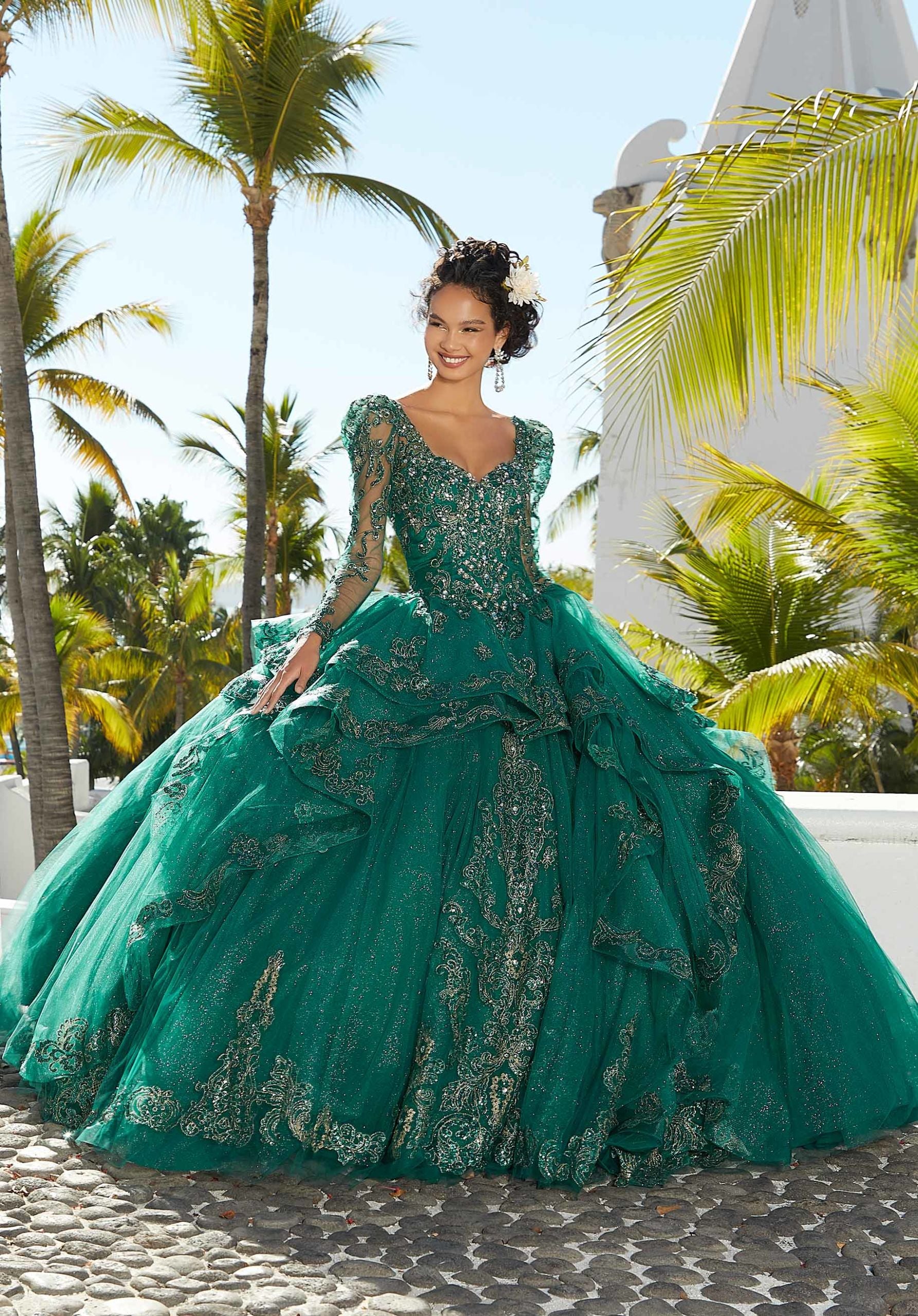 Flounced Glitter Embroidered Quinceañera Dress