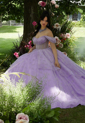 Patterned Glitter and Crystal Beaded Quinceañera Dress with Sheer Bodice