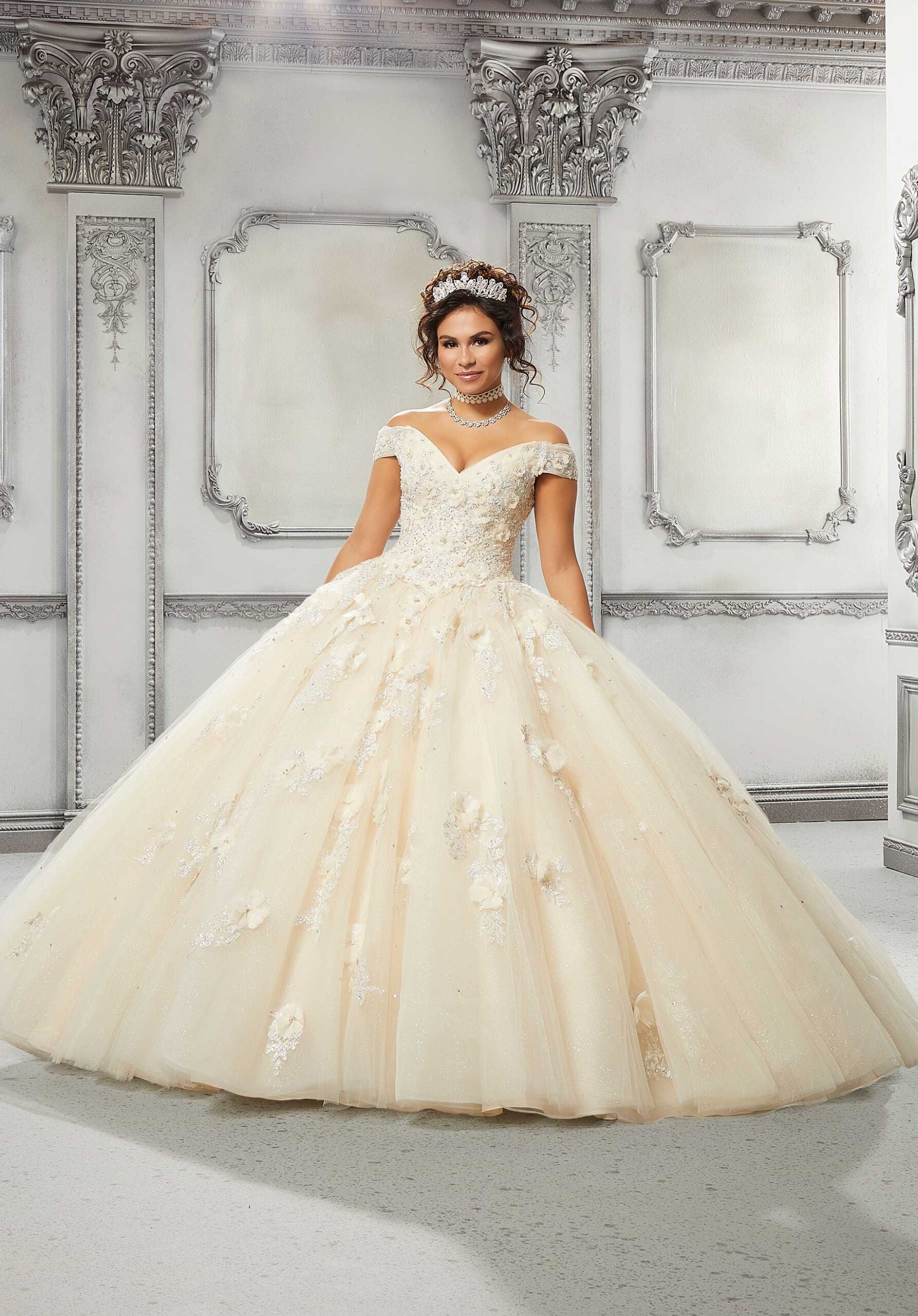 Crystal Beaded Three-Dimensional Floral Quinceañera Dress