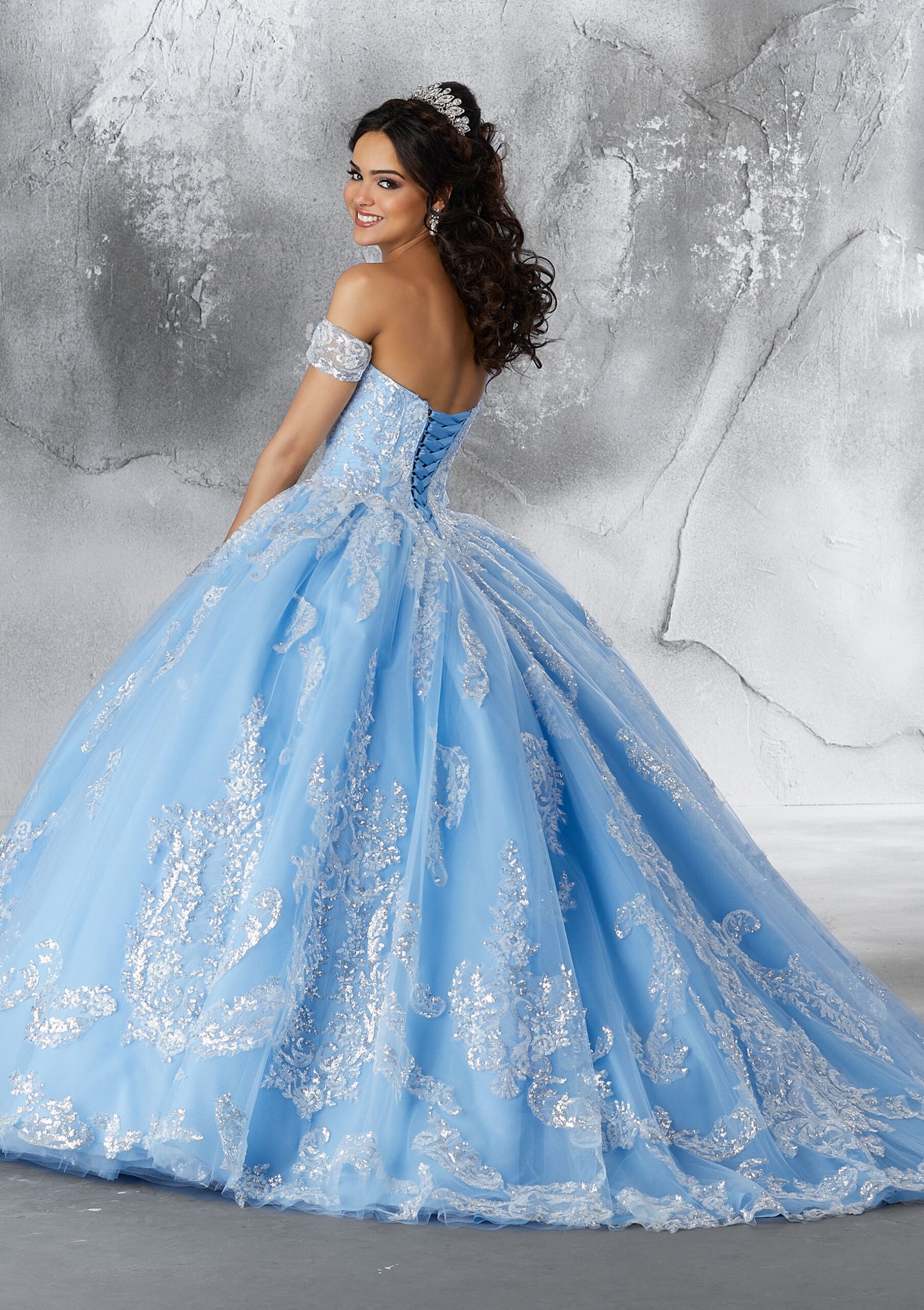Patterned Sequins on a Tulle Ballgown with Detachable Sleeves