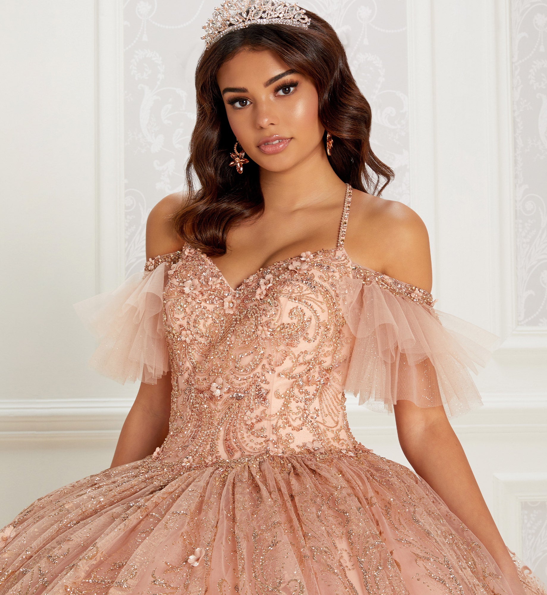 Glitter tulle quinceanera dress with beaded bodice, all-over embroidery, and detachable straps