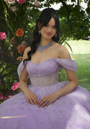 Patterned Glitter and Crystal Beaded Quinceañera Dress with Sheer Bodice