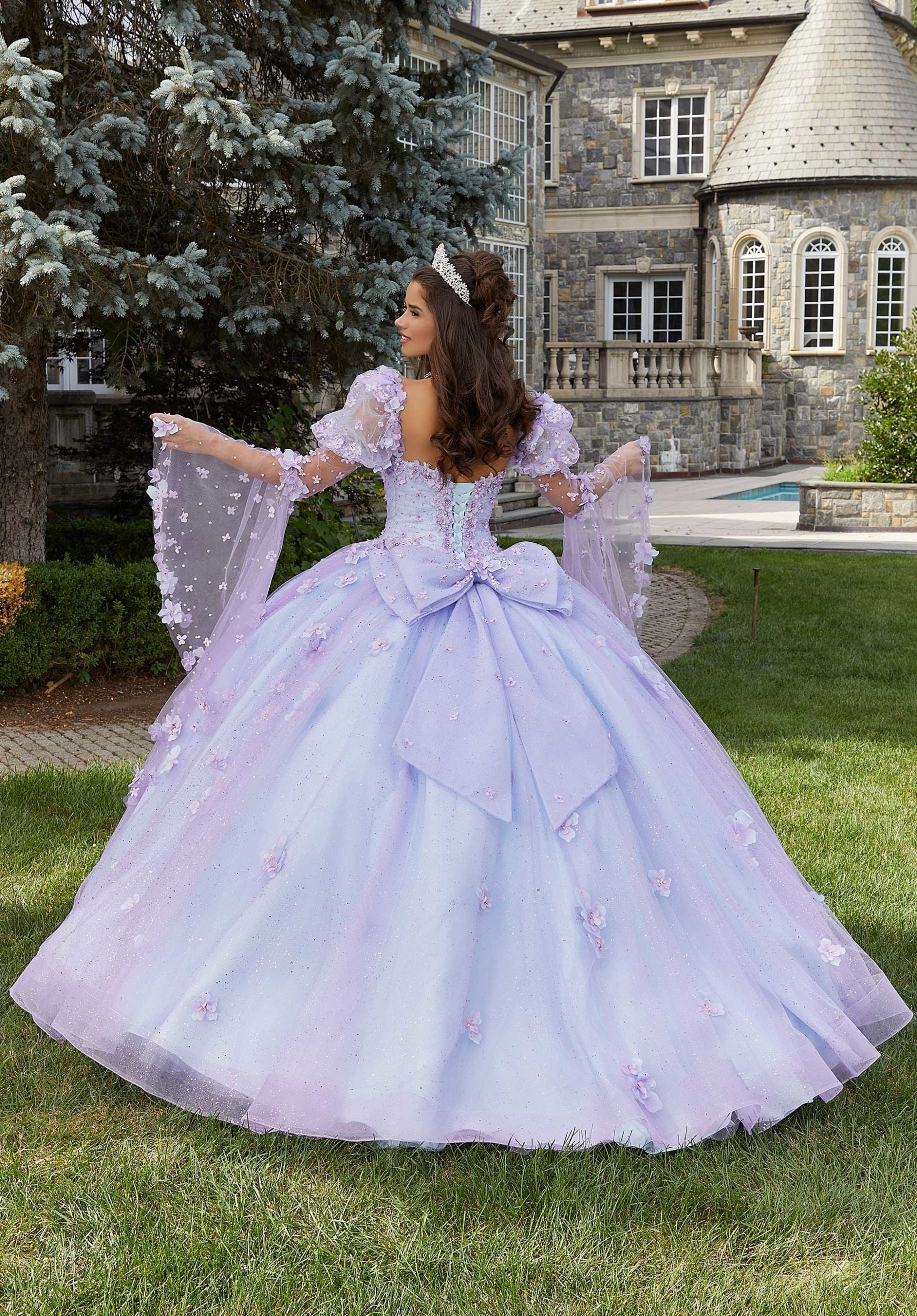 Glitter Tulle Quinceañera Dress with Three-Dimensional Floral Appliqués