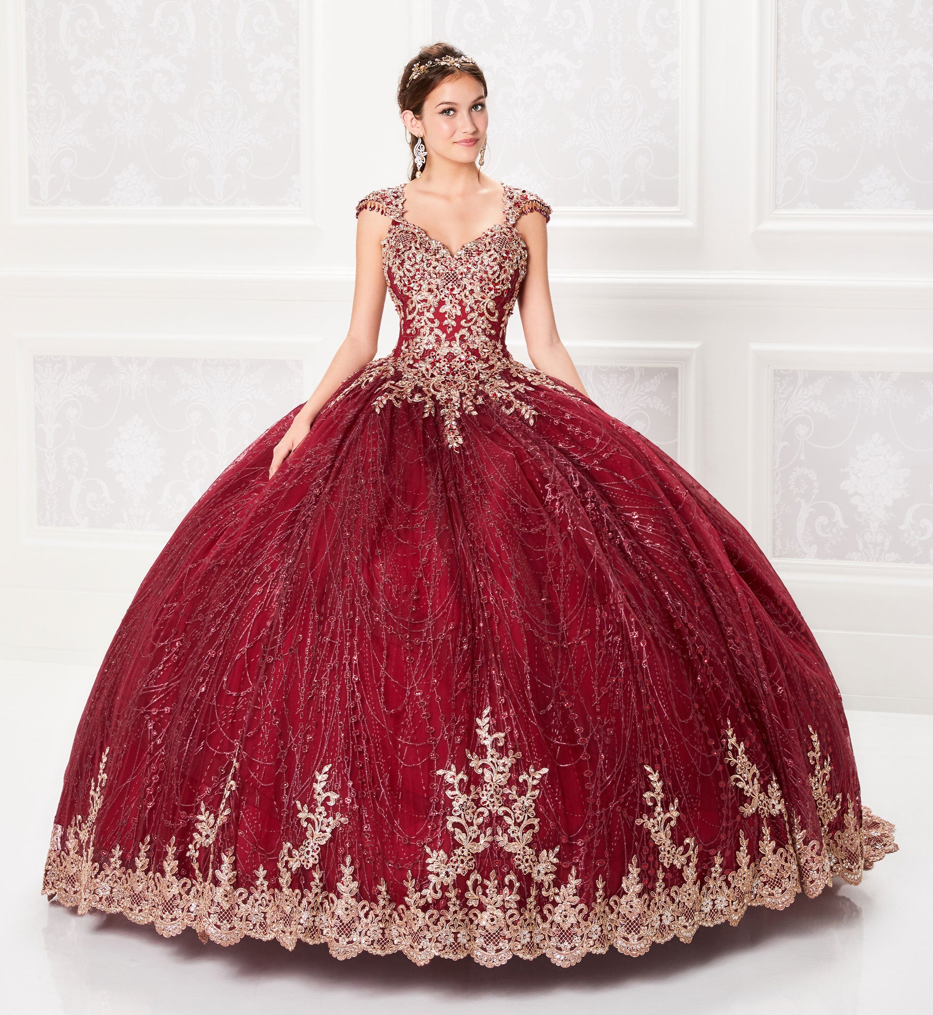 Cute quinceanera dress with cap sleeves and sparkly stone accents