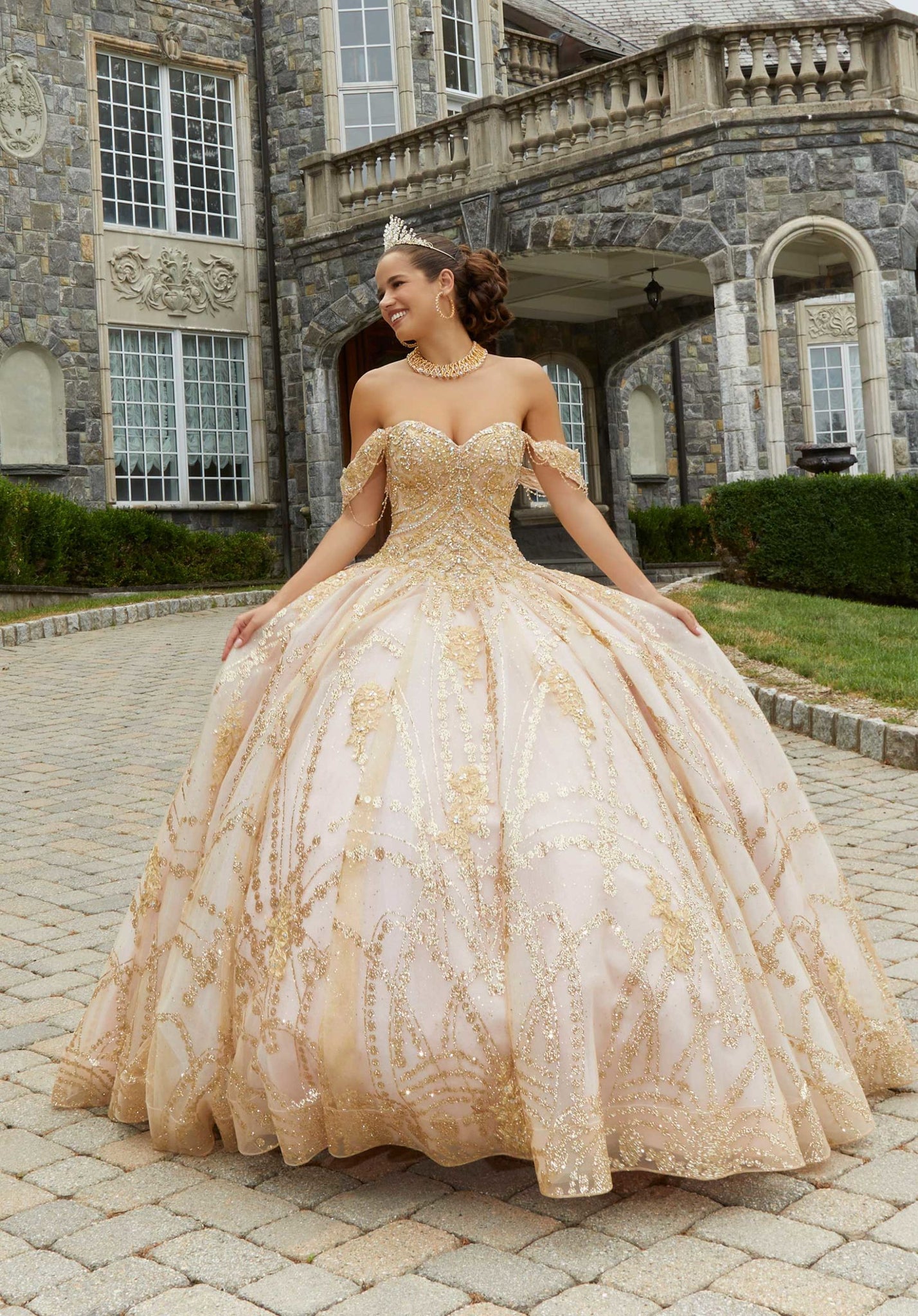 Patterned Glitter Quinceañera Dress with Chandelier Beading