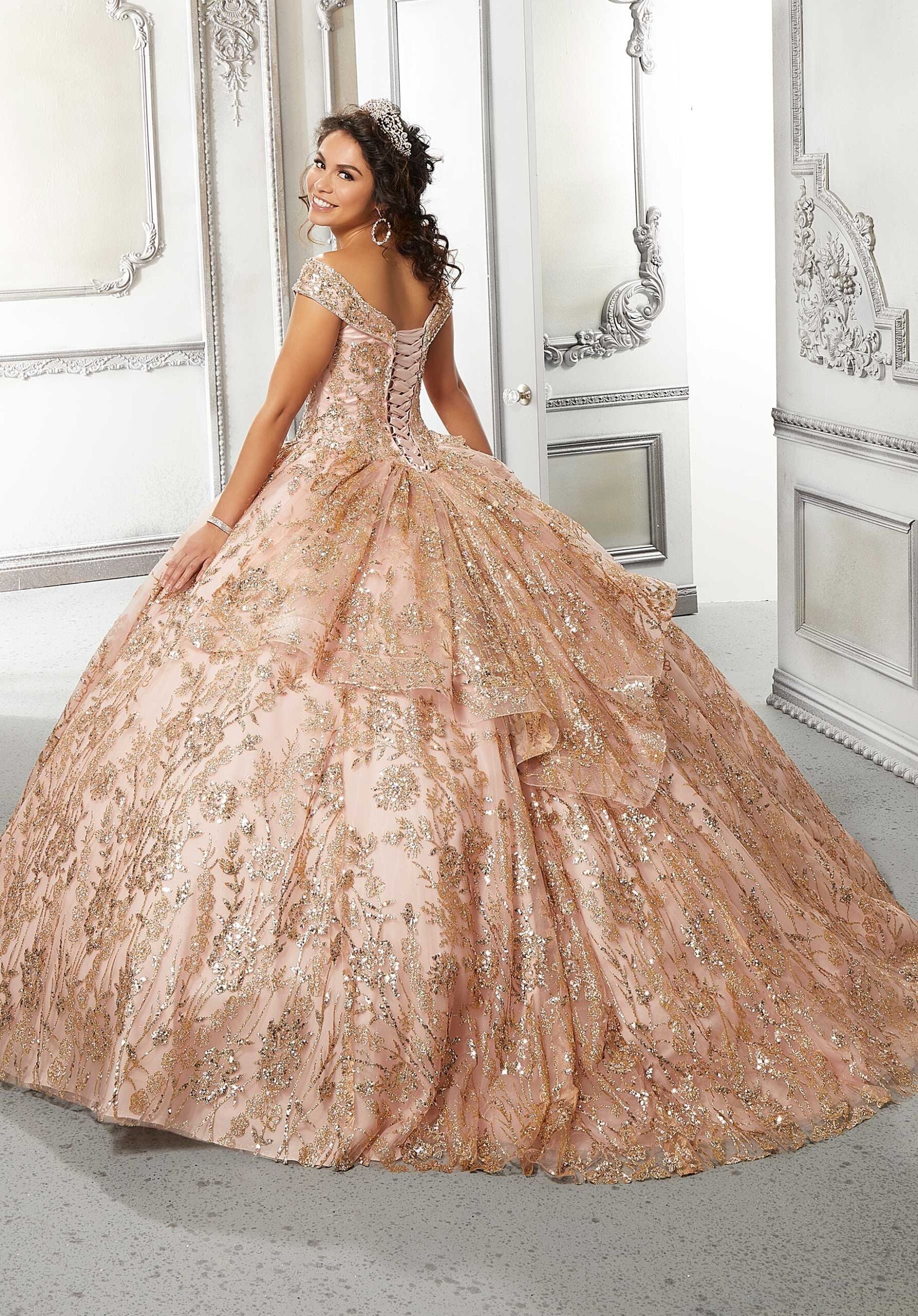 Floral Patterned Glitter Tulle Quinceañera Dress