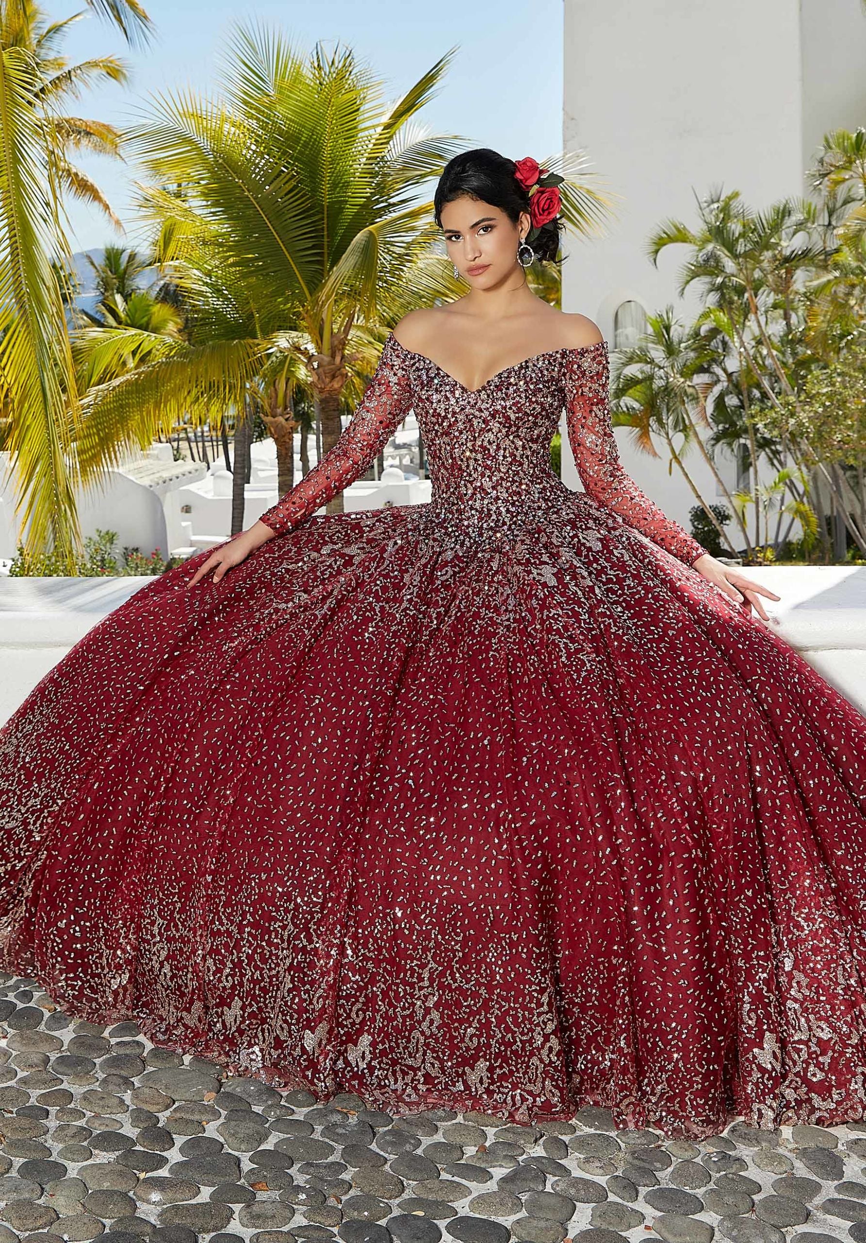 Patterned Glitter Net Quinceñera Dress