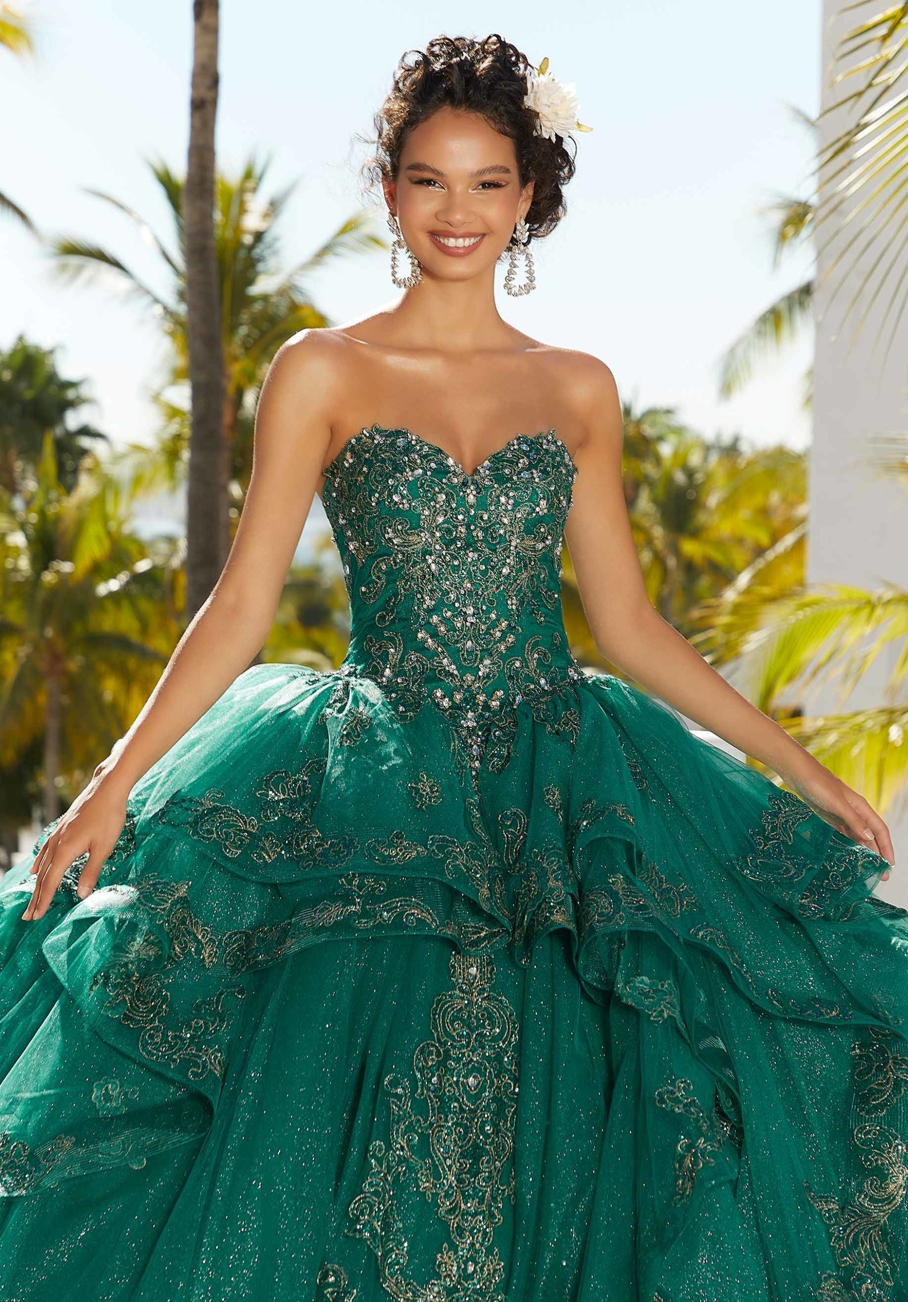 Flounced Glitter Embroidered Quinceañera Dress