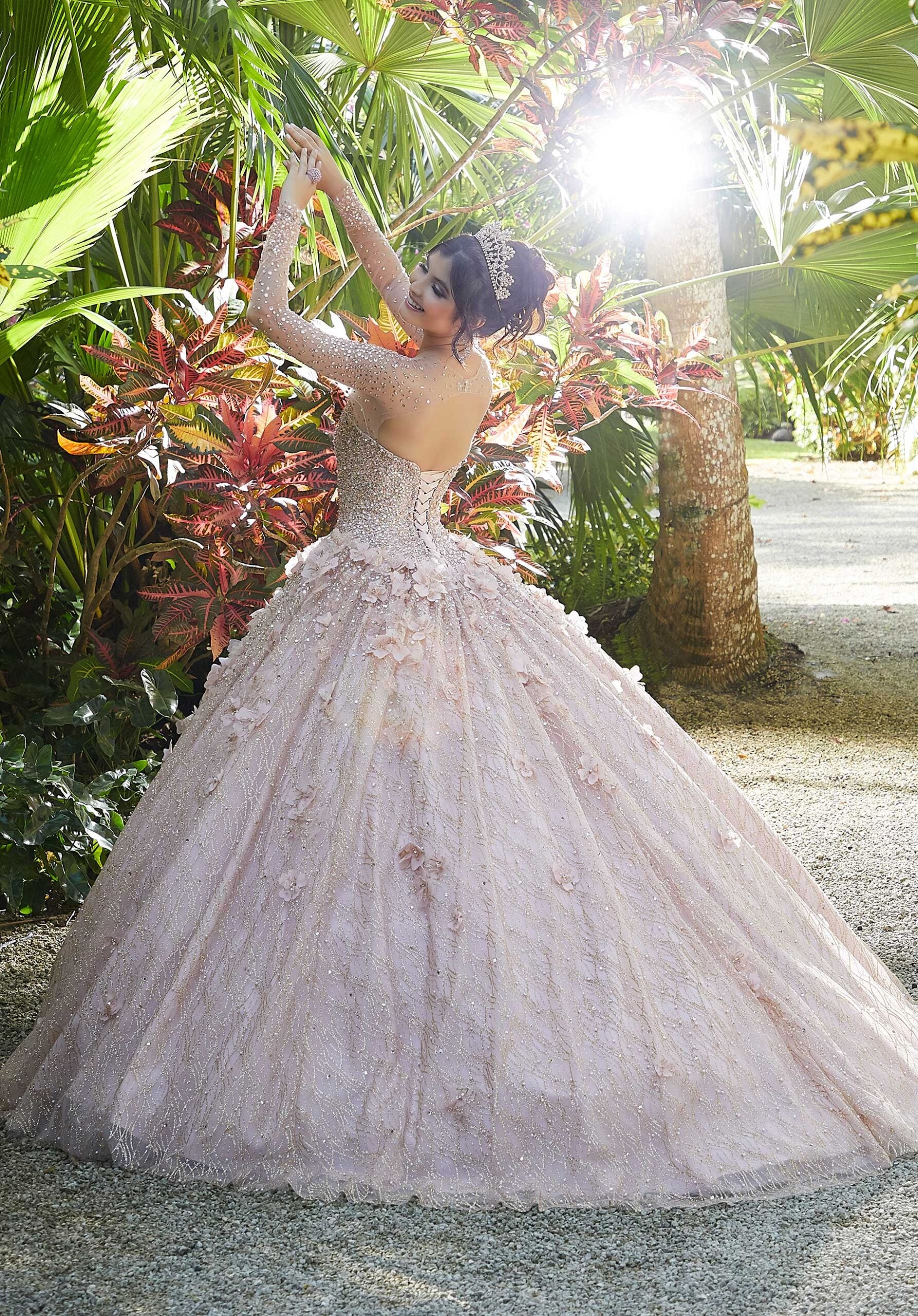 Glitter Net and Floral Applique Quinceañera Dress