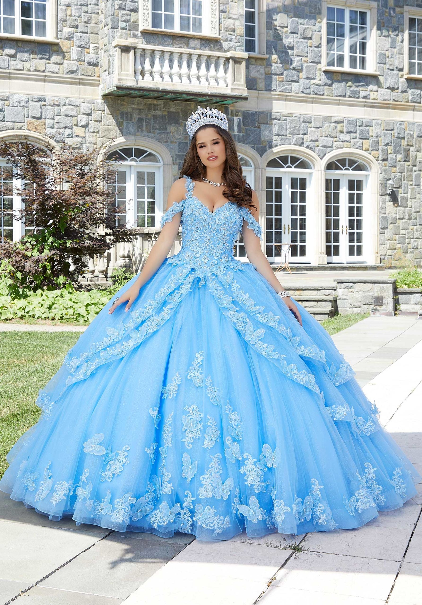 Metallic Embroidered Quinceañera Dress with Three-Dimensional Butterflies