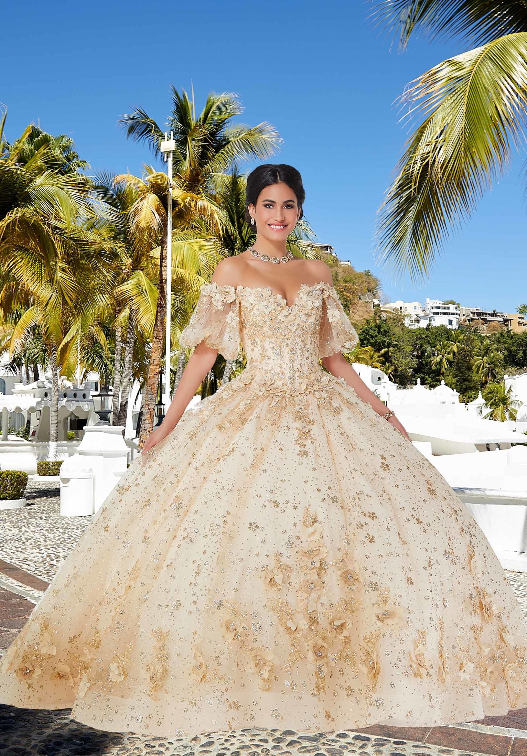 Floral Patterned Glitter Net Quinceañera Dress