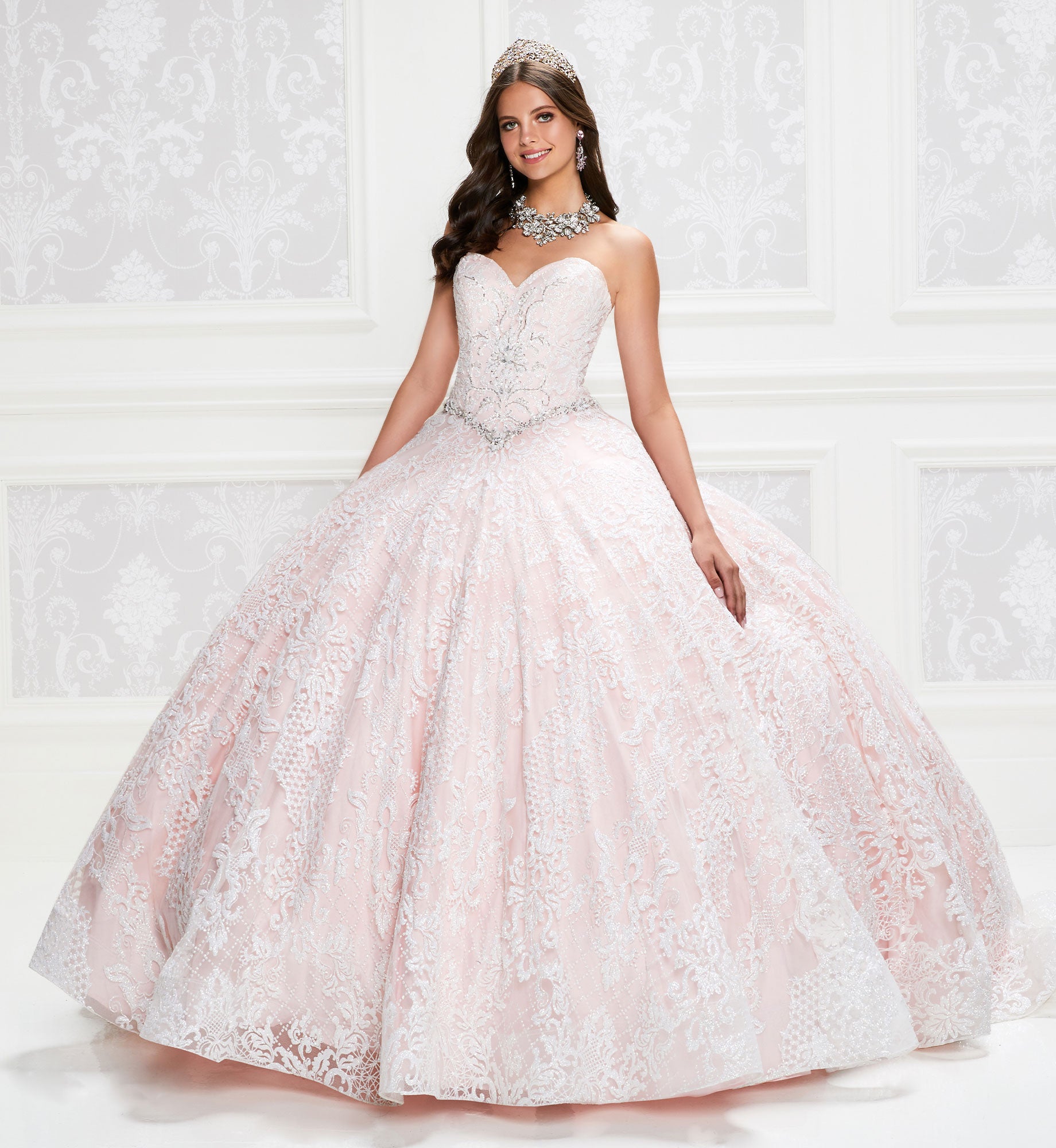 Pastel quinceanera dress with cracked ice details and pockets