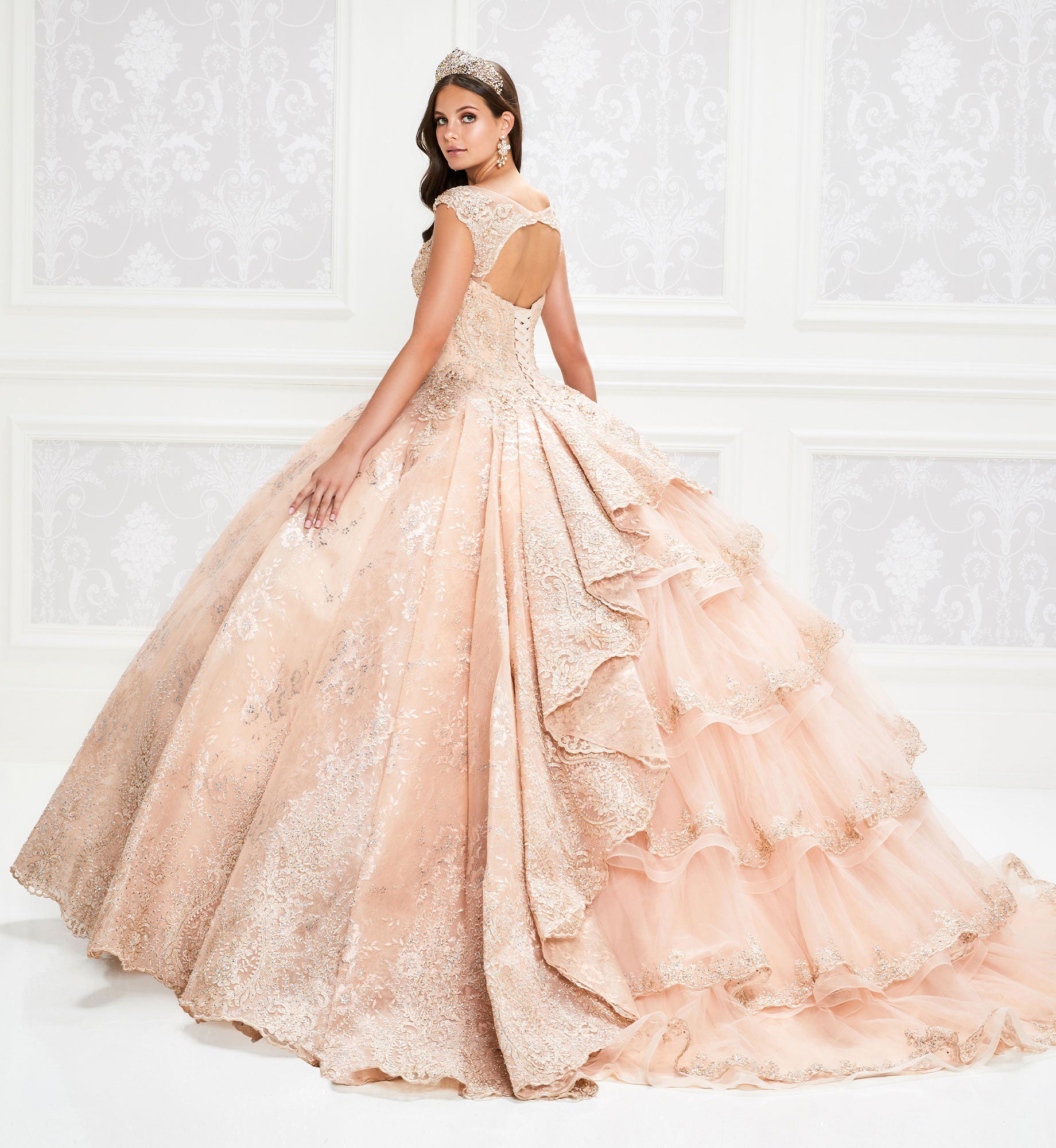 Classic quinceanera dress with high neckline and lace embroidery