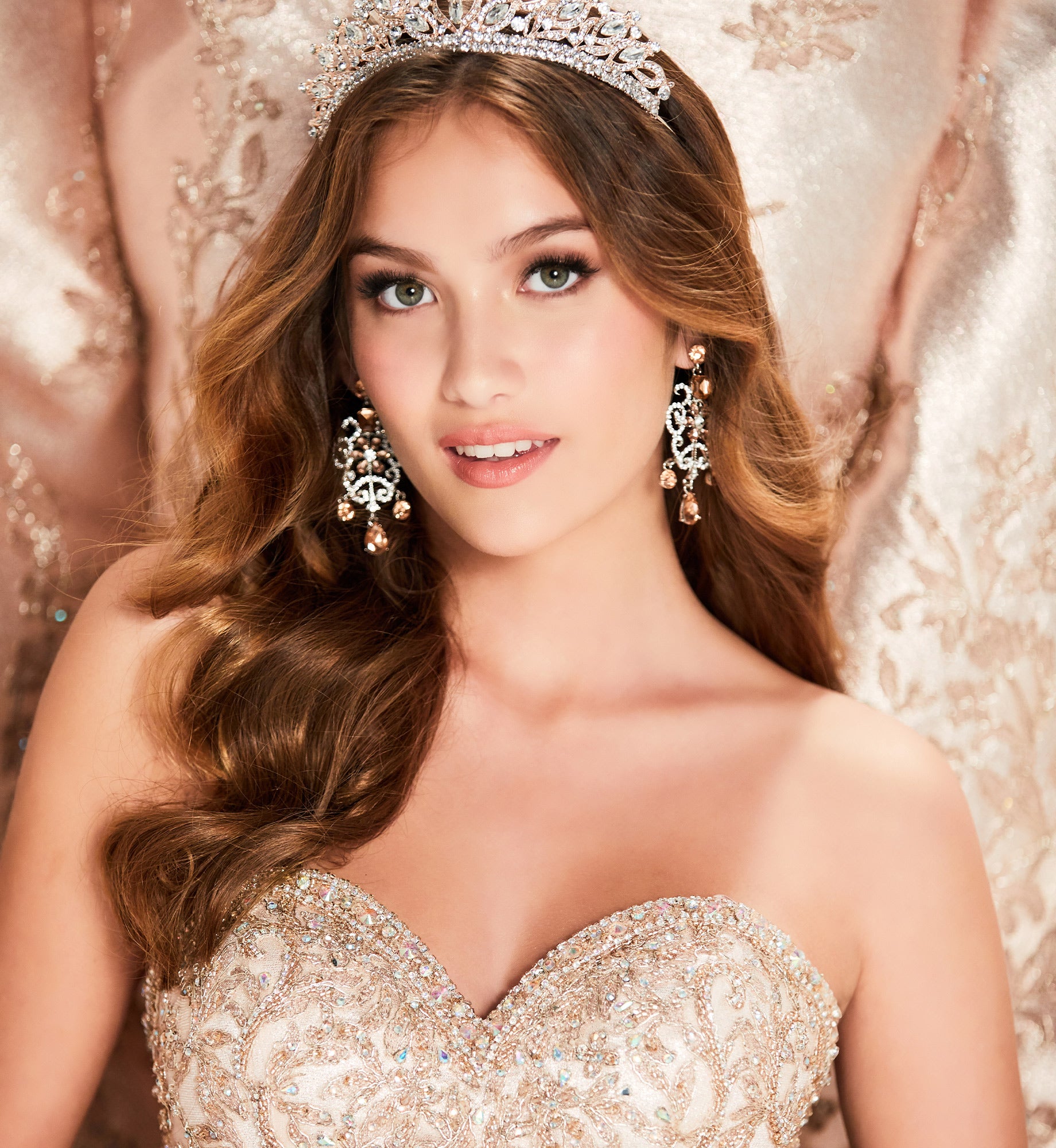 Shimmering rose gold quinceanera dress with strapless sweetheart neckline